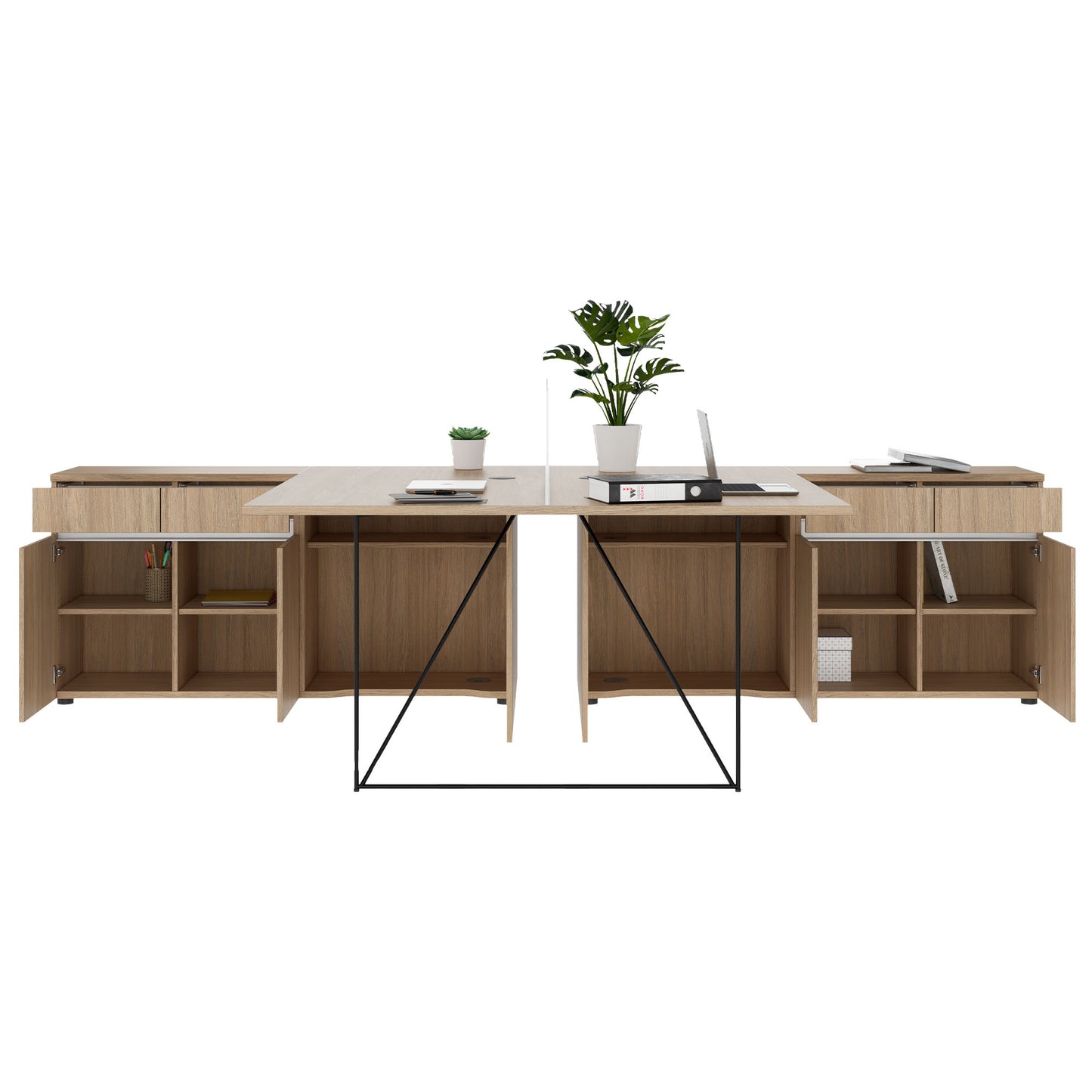 AIR DUO Desk del team con sideboard | 1600 - 2000 x 3200 mm, quercia elettrificata, ambra