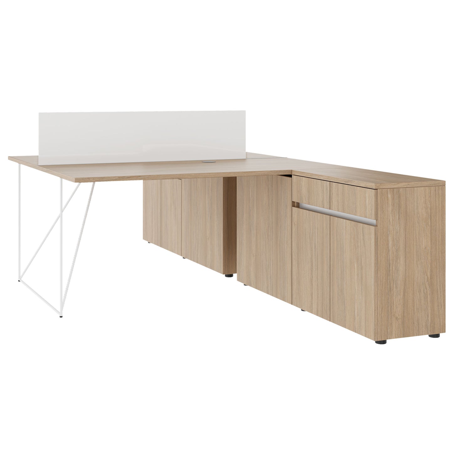 AIR DUO Desk del team con sideboard | 1600 - 2000 x 3200 mm, quercia elettrificata, ambra