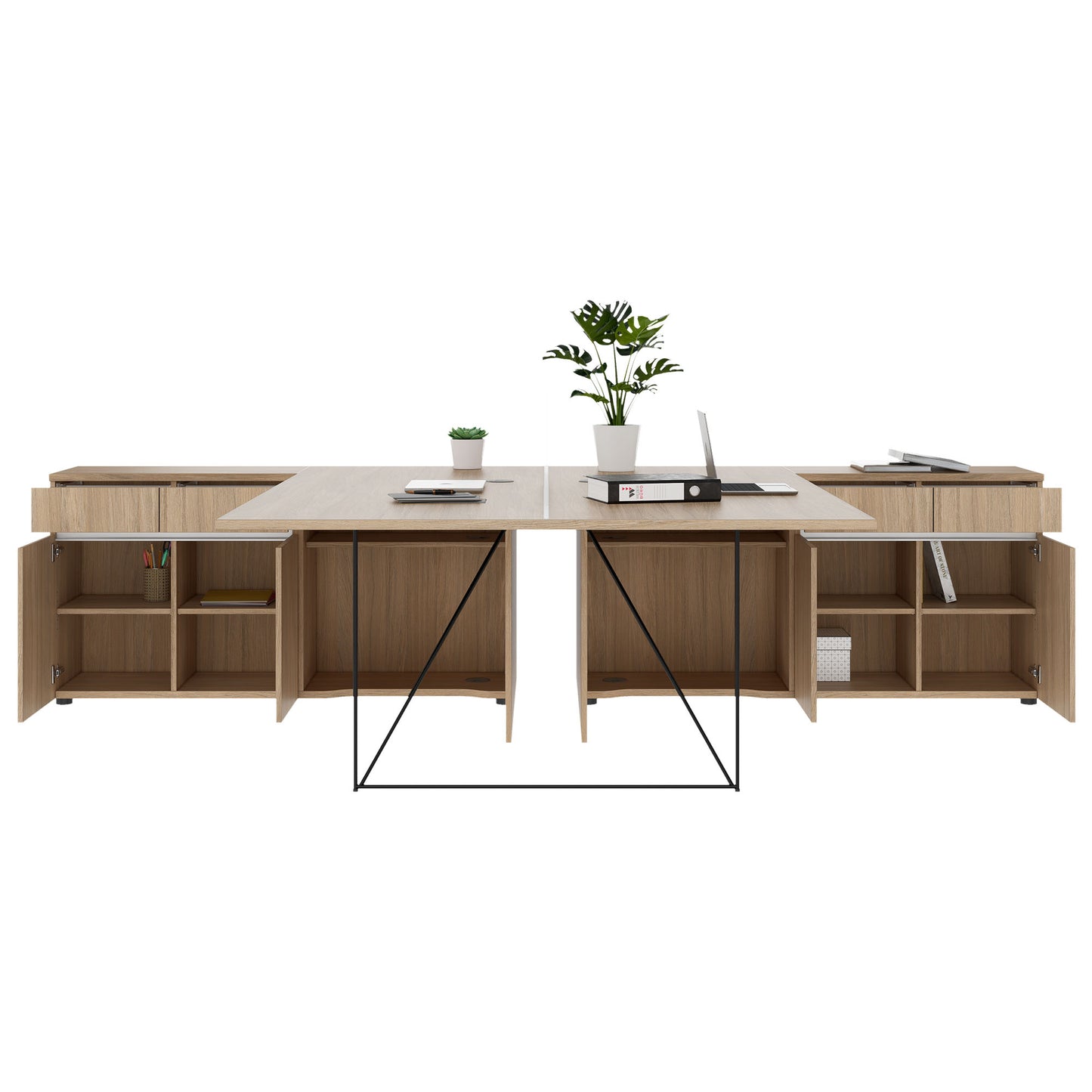 AIR DUO Desk del team con sideboard | 1600 - 2000 x 3200 mm, quercia elettrificata, ambra