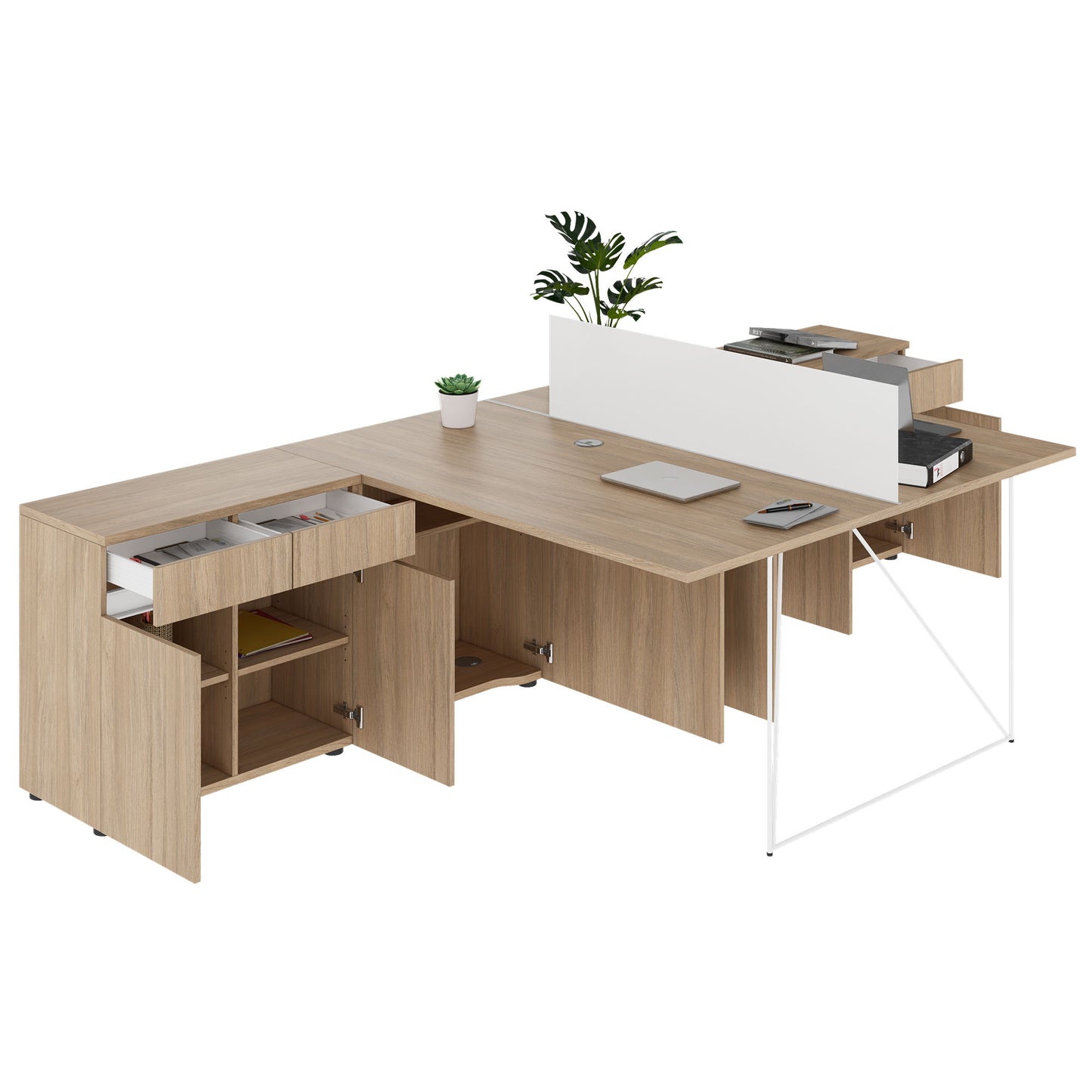 AIR DUO Desk del team con sideboard | 1600 - 2000 x 3200 mm, quercia elettrificata, ambra