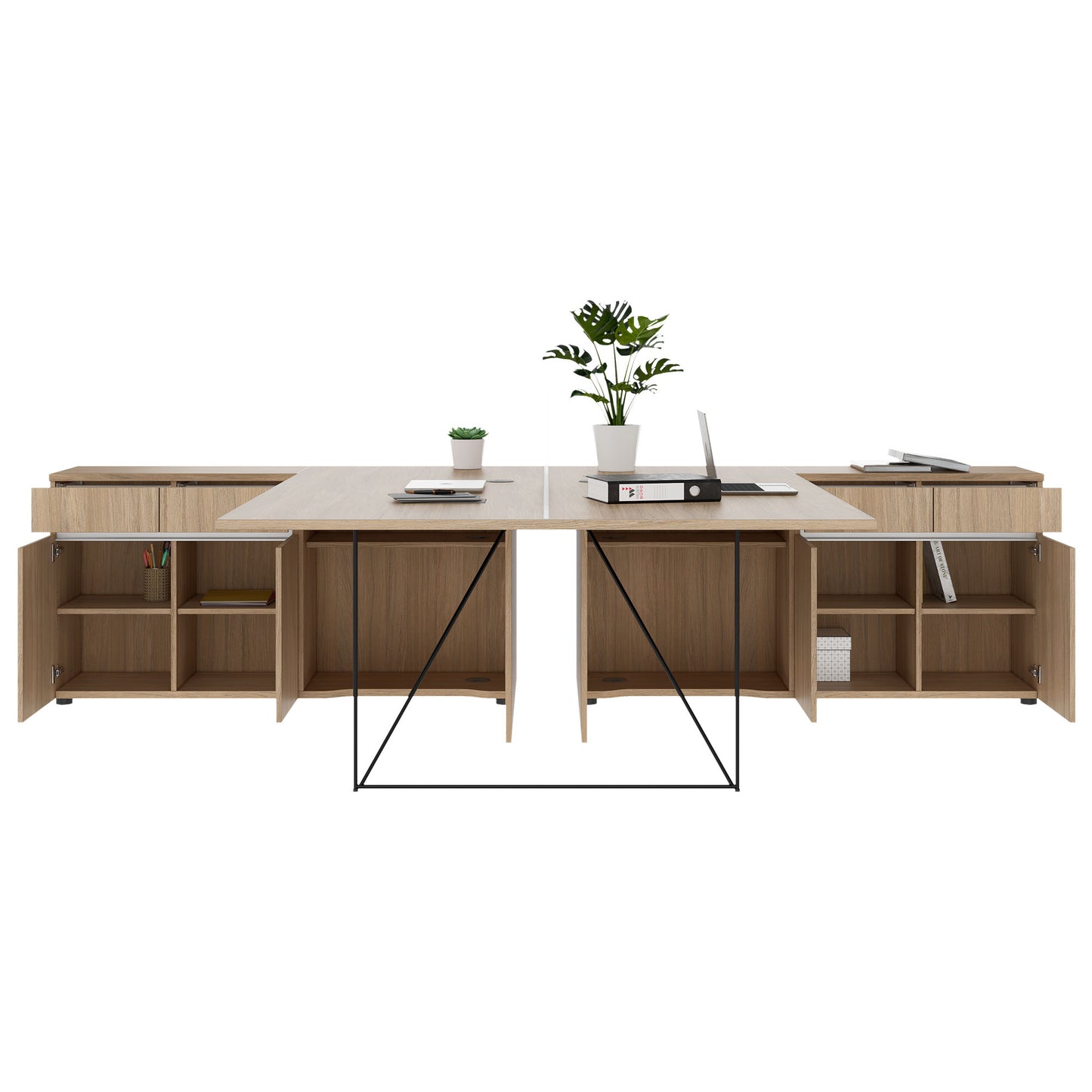 Bureau d'équipe AIR DUO avec buffets | 1600 - 2000 x 3200 mm, électrifié, chêne ambré