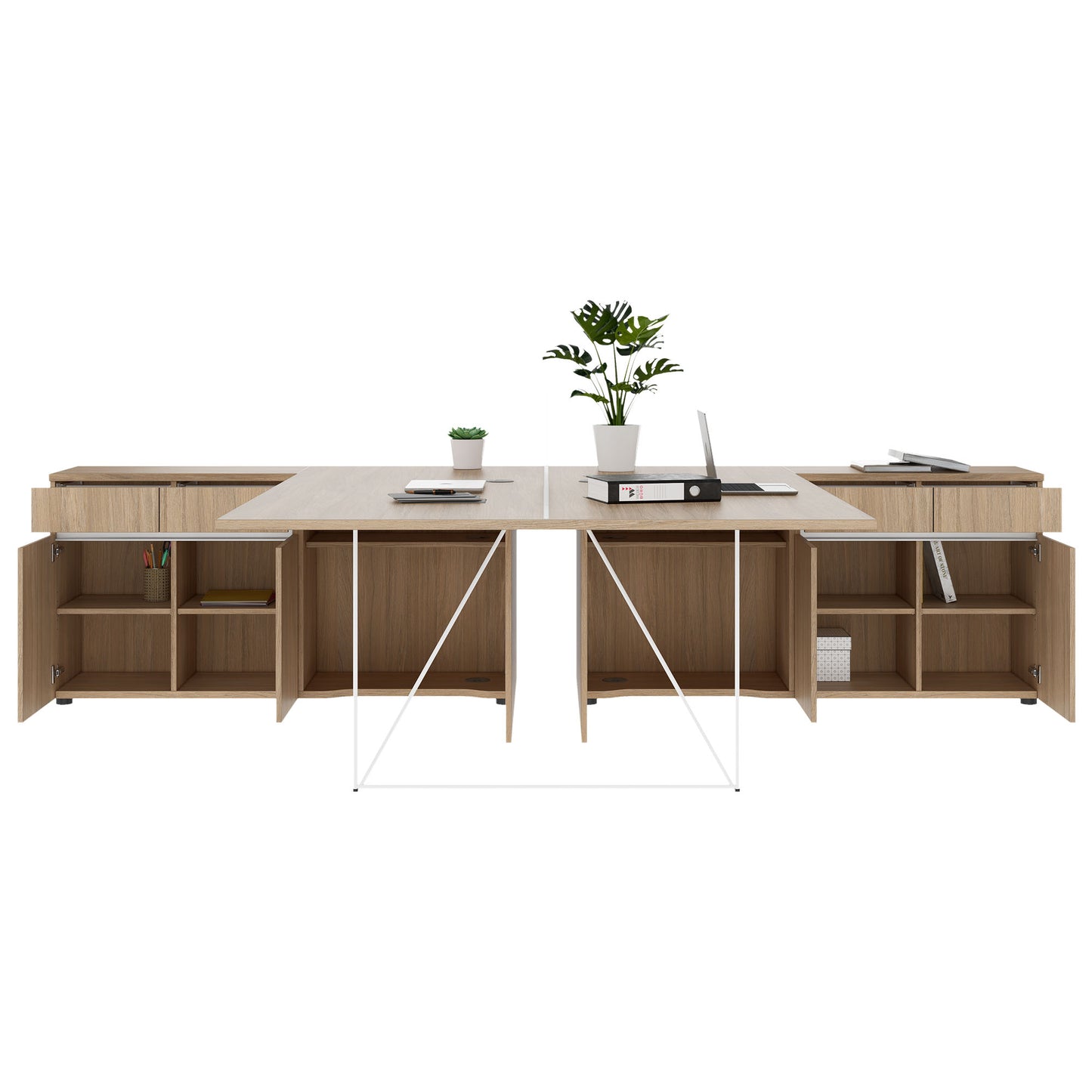 AIR DUO Desk del team con sideboard | 1600 - 2000 x 3200 mm, quercia elettrificata, ambra