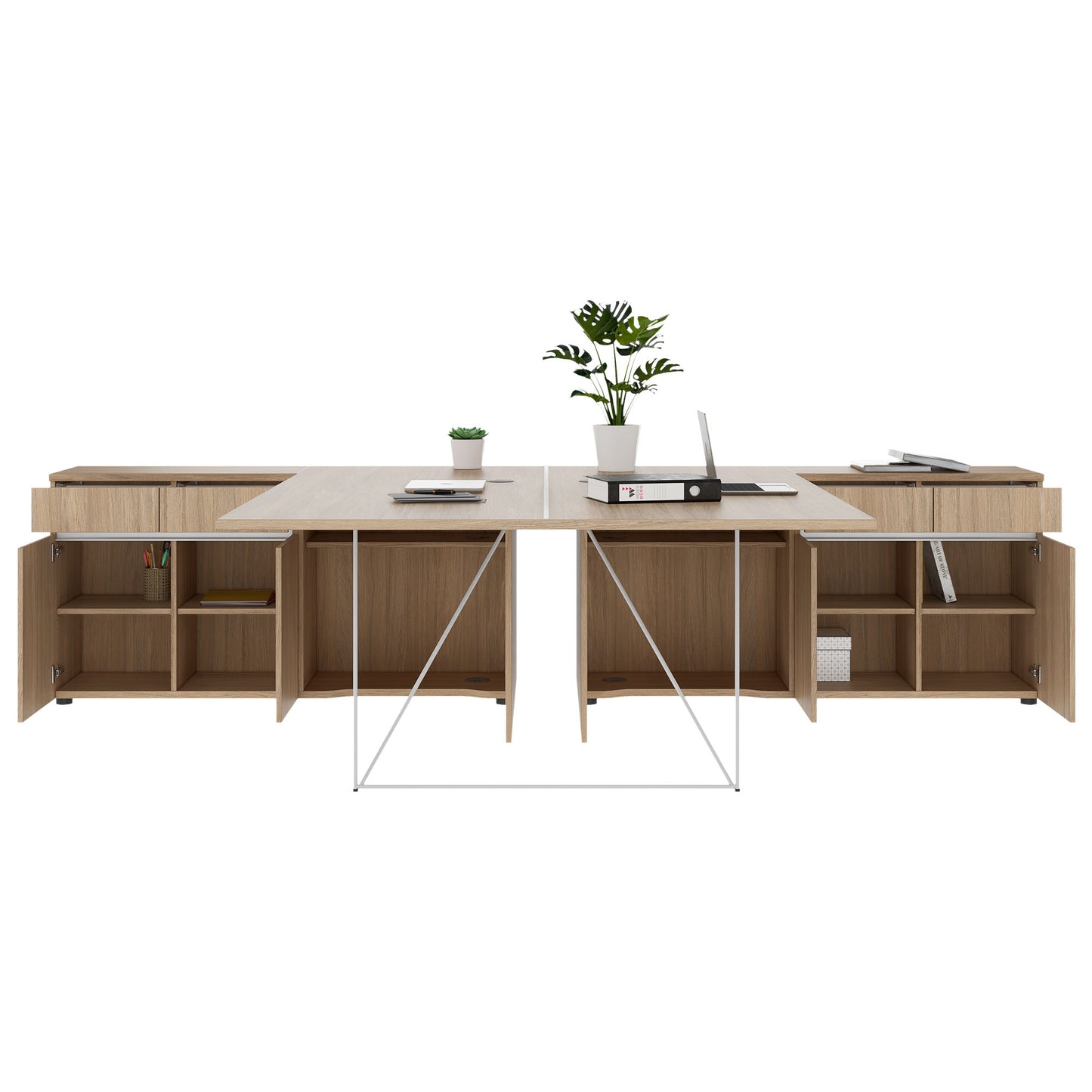 AIR DUO Desk del team con sideboard | 1600 - 2000 x 3200 mm, quercia elettrificata, ambra