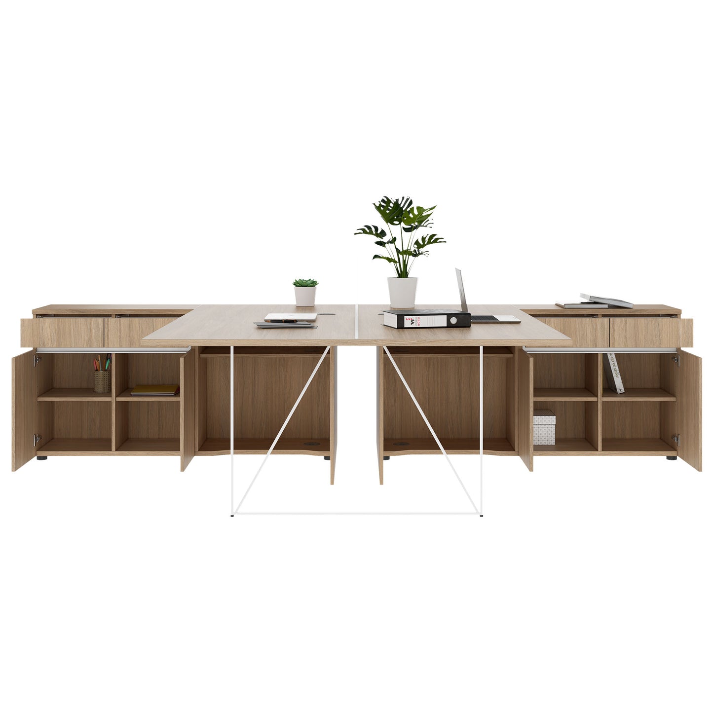 Bureau d'équipe AIR DUO avec buffets | 1600 - 2000 x 3200 mm, électrifié, chêne ambré