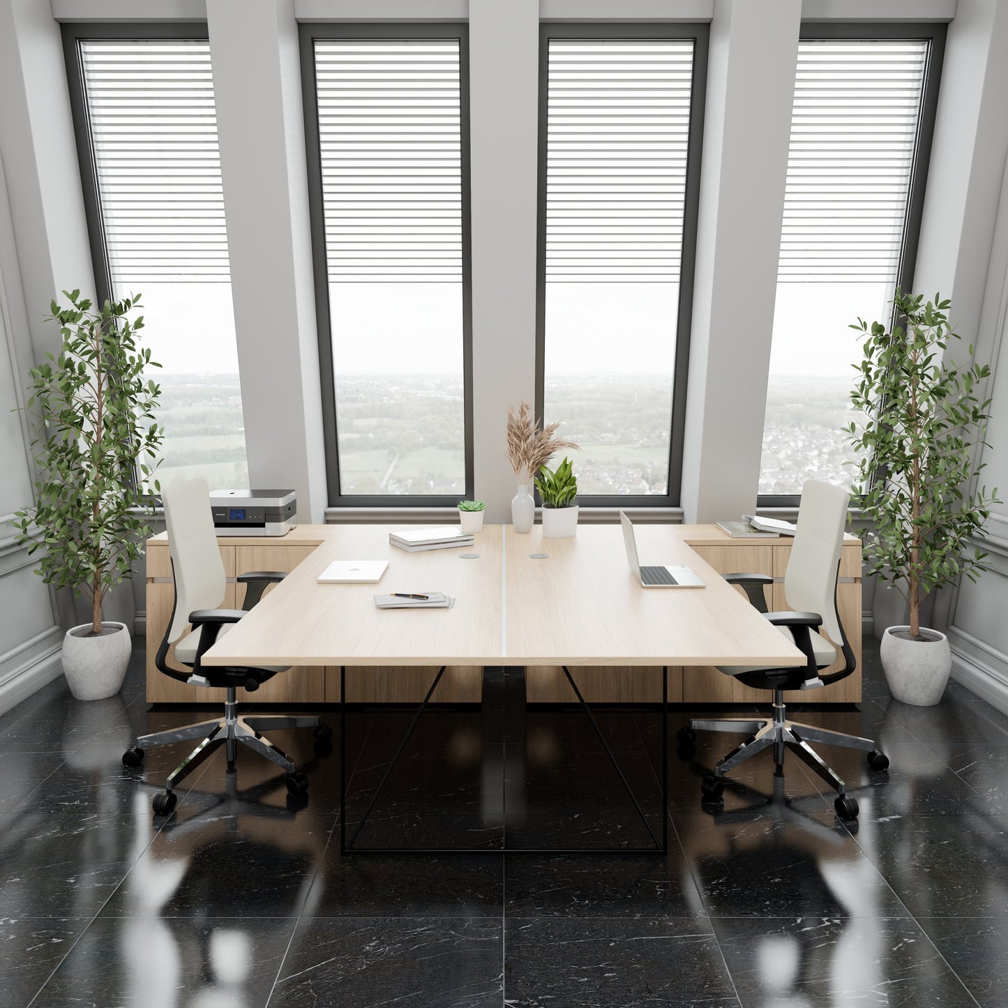 AIR DUO Desk del team con sideboard | 1600 - 2000 x 3200 mm, quercia elettrificata, ambra