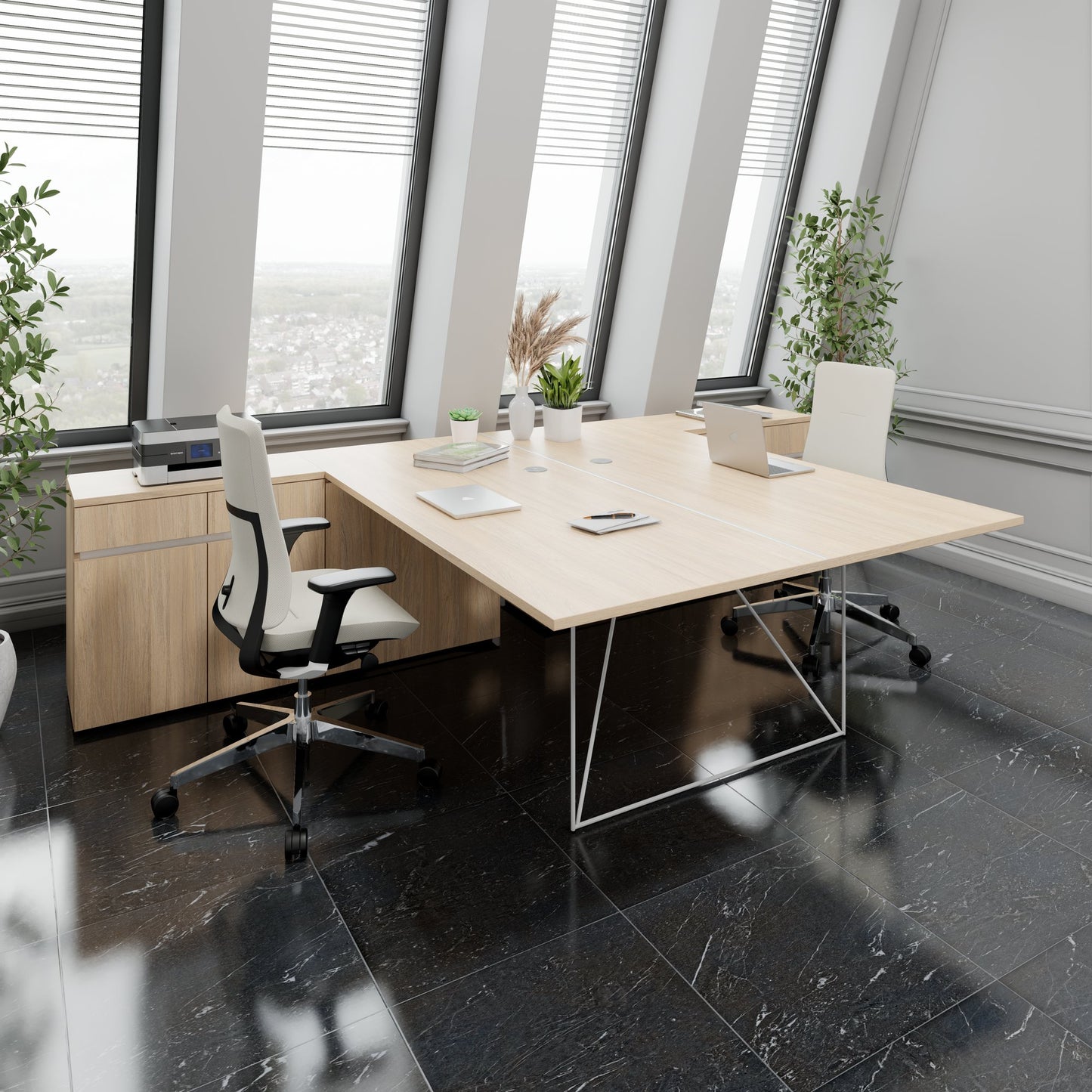 AIR DUO Desk del team con sideboard | 1600 - 2000 x 3200 mm, quercia elettrificata, ambra