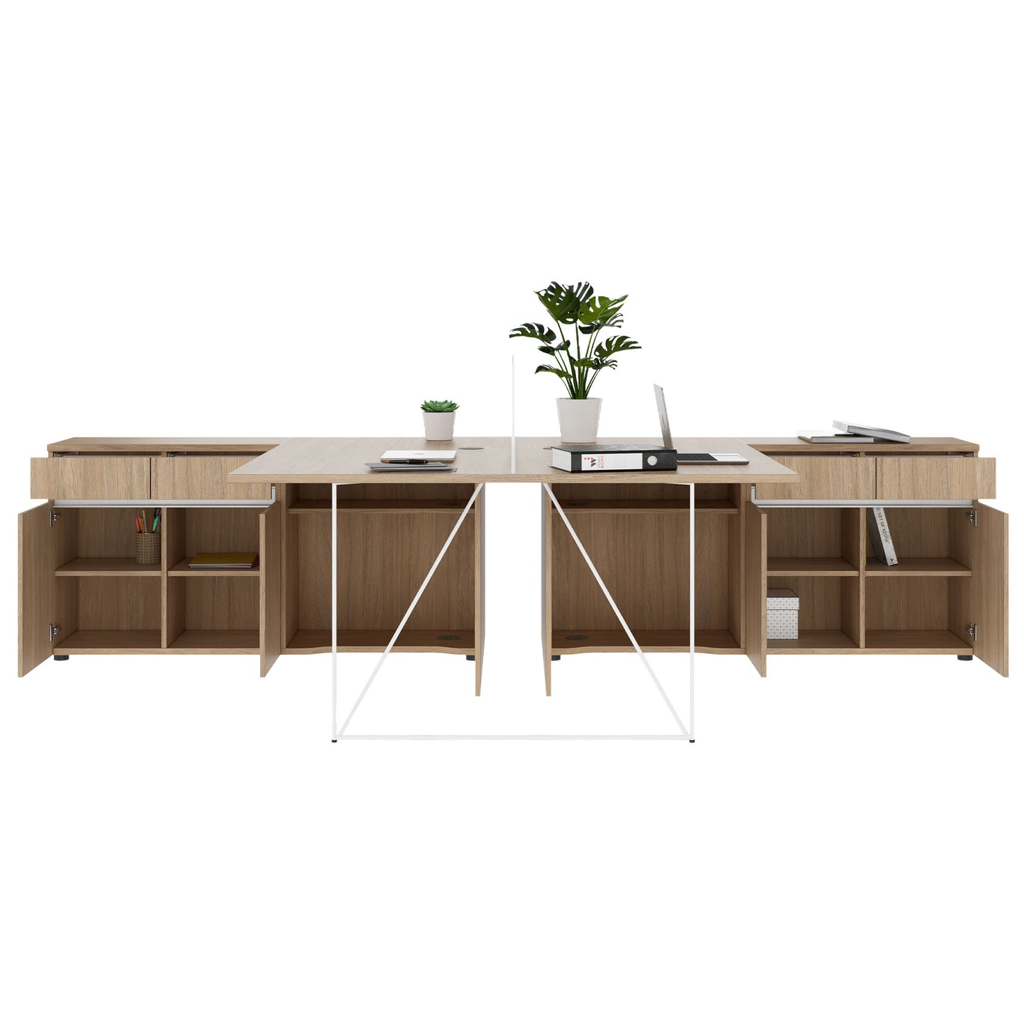 Bureau d'équipe AIR DUO avec buffets | 1600 - 2000 x 3200 mm, électrifié, chêne ambré