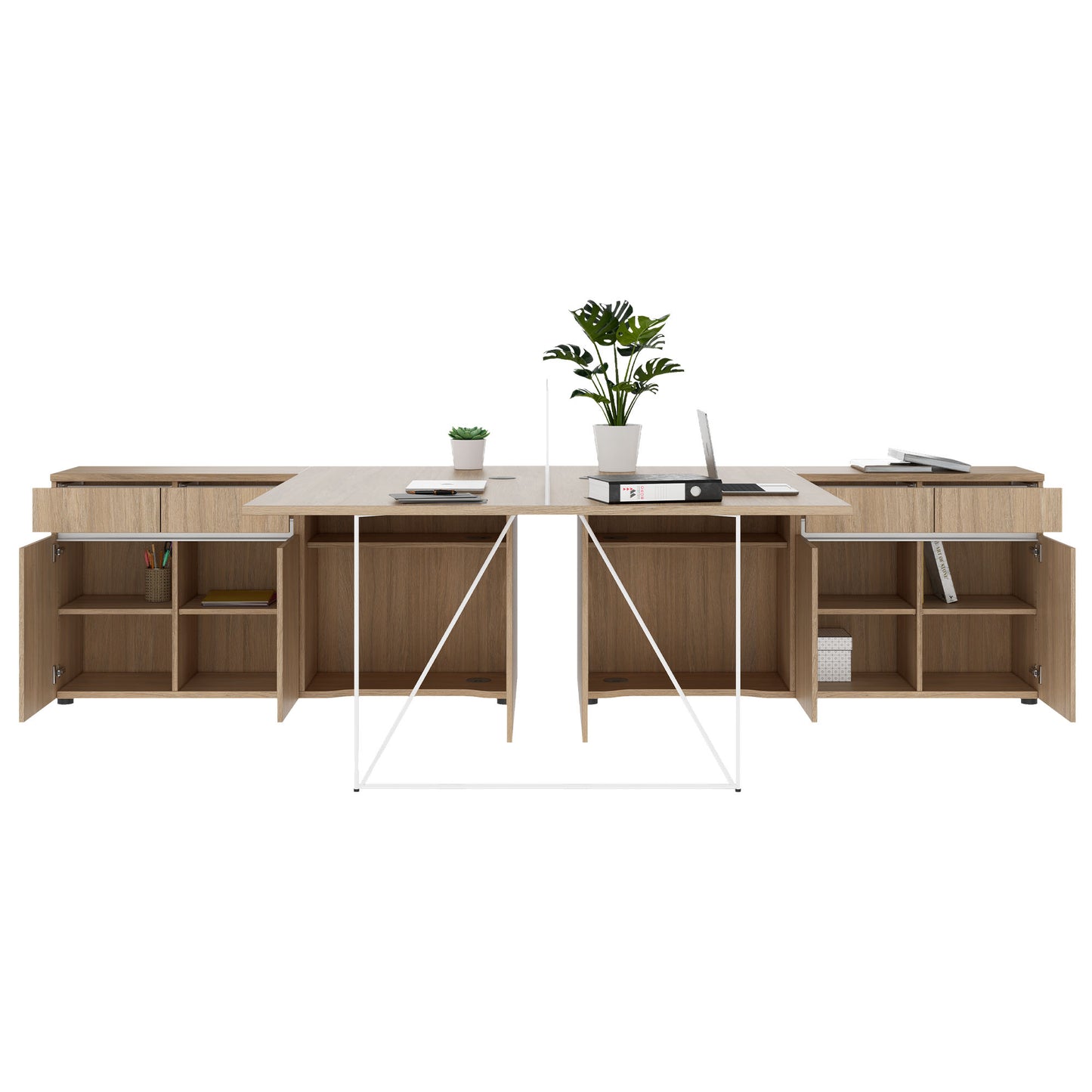 AIR DUO Desk del team con sideboard | 1600 - 2000 x 3200 mm, quercia elettrificata, ambra