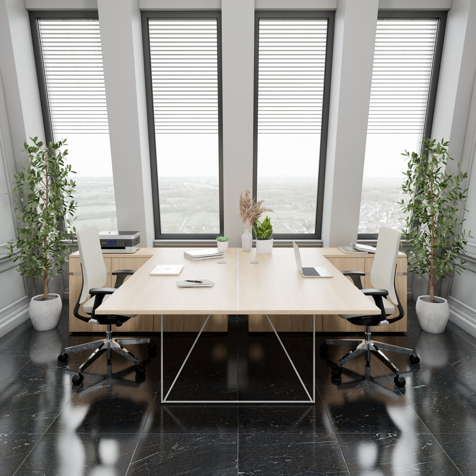 AIR DUO Bureau de l'équipe avec des buffet | 1600 - 2000 x 3200 mm, électrifié, chêne ambre