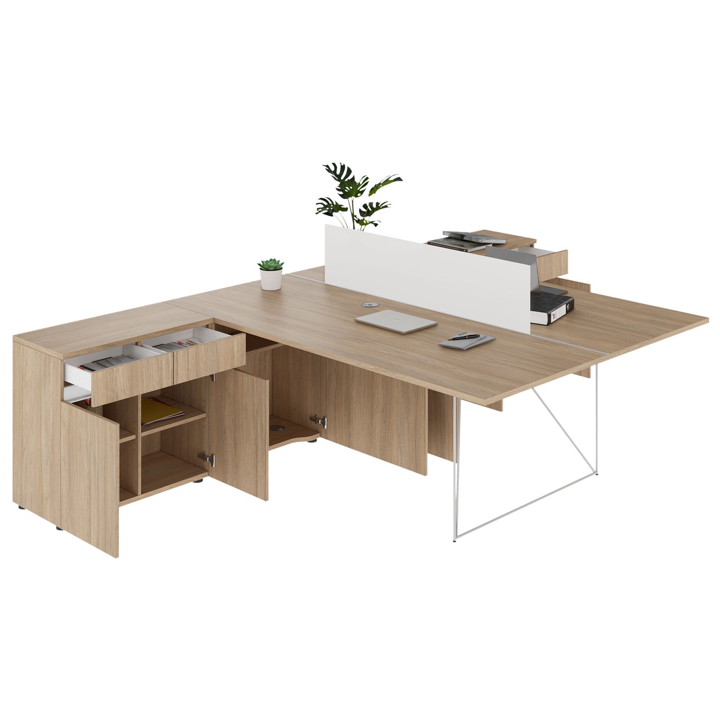 Bureau d'équipe AIR DUO avec buffets | 1600 - 2000 x 3200 mm, électrifié, chêne ambré