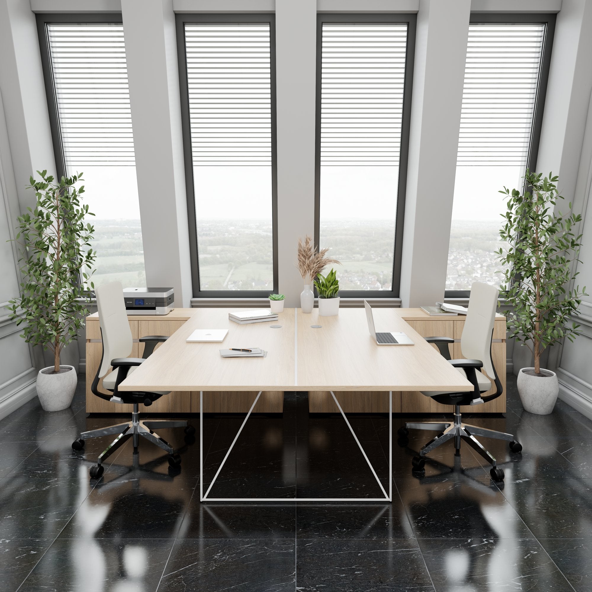 AIR DUO Bureau de l'équipe avec des buffet | 1600 - 2000 x 3200 mm, électrifié, chêne ambre