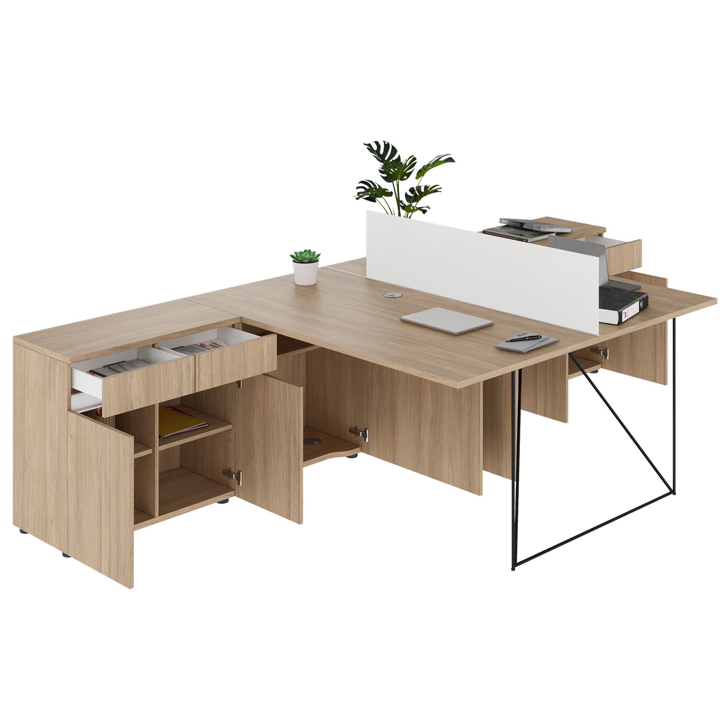 Bureau d'équipe AIR DUO avec buffets | 1600 - 2000 x 3200 mm, électrifié, chêne ambré