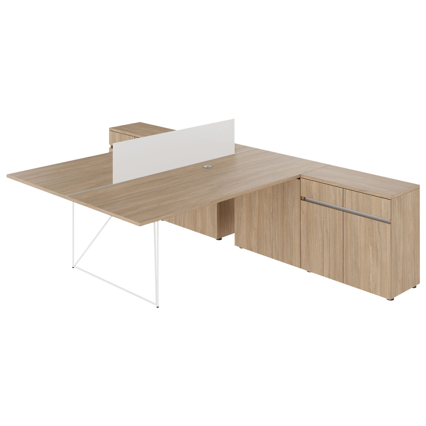 Bureau d'équipe AIR DUO avec buffets | 1600 - 2000 x 3200 mm, électrifié, chêne ambré