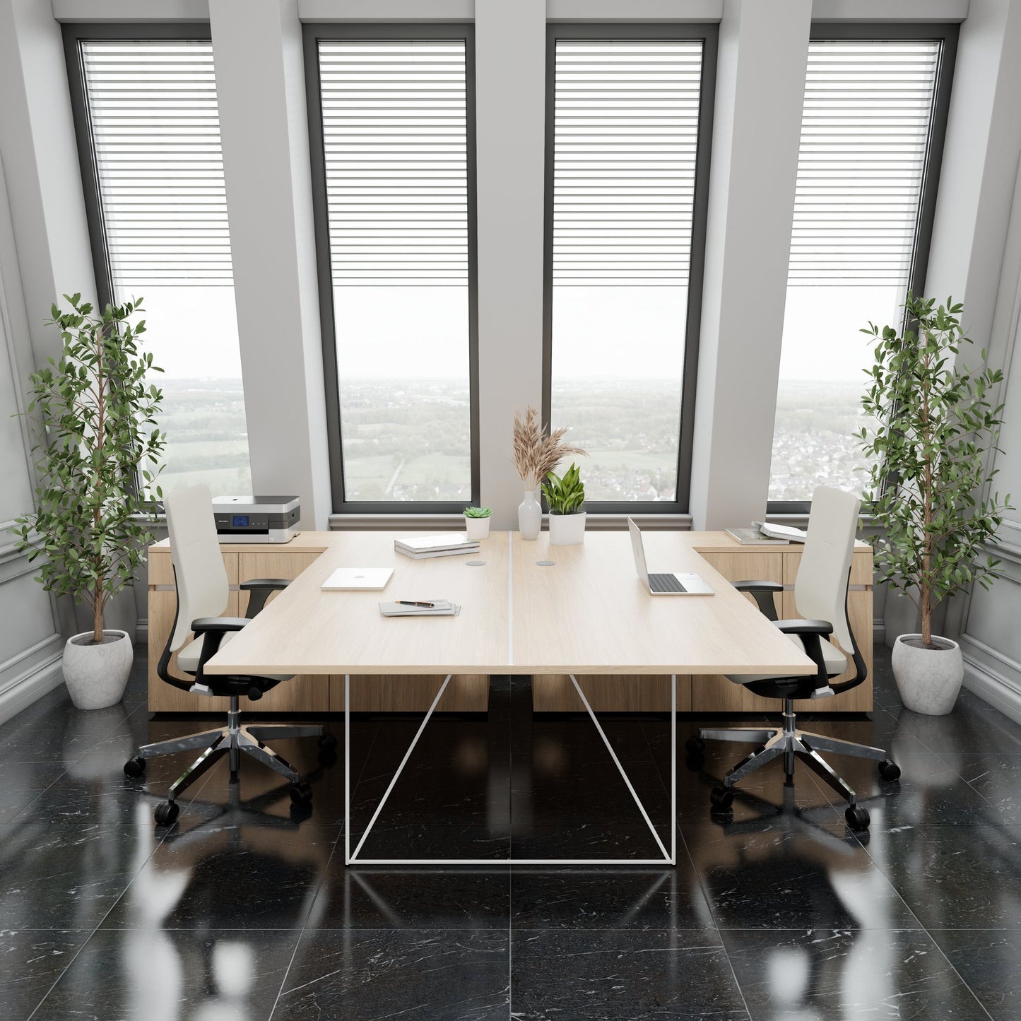 AIR DUO Desk del team con sideboard | 1600 - 2000 x 3200 mm, quercia elettrificata, ambra