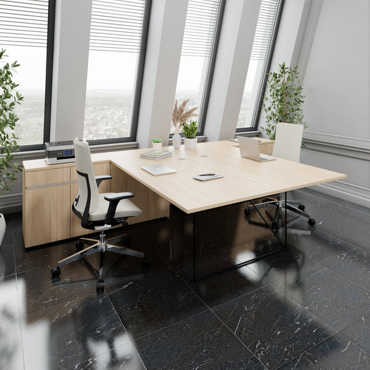 AIR DUO team desk with sideboards | 1600 - 2000 x 3200 mm, electrified, amber oak