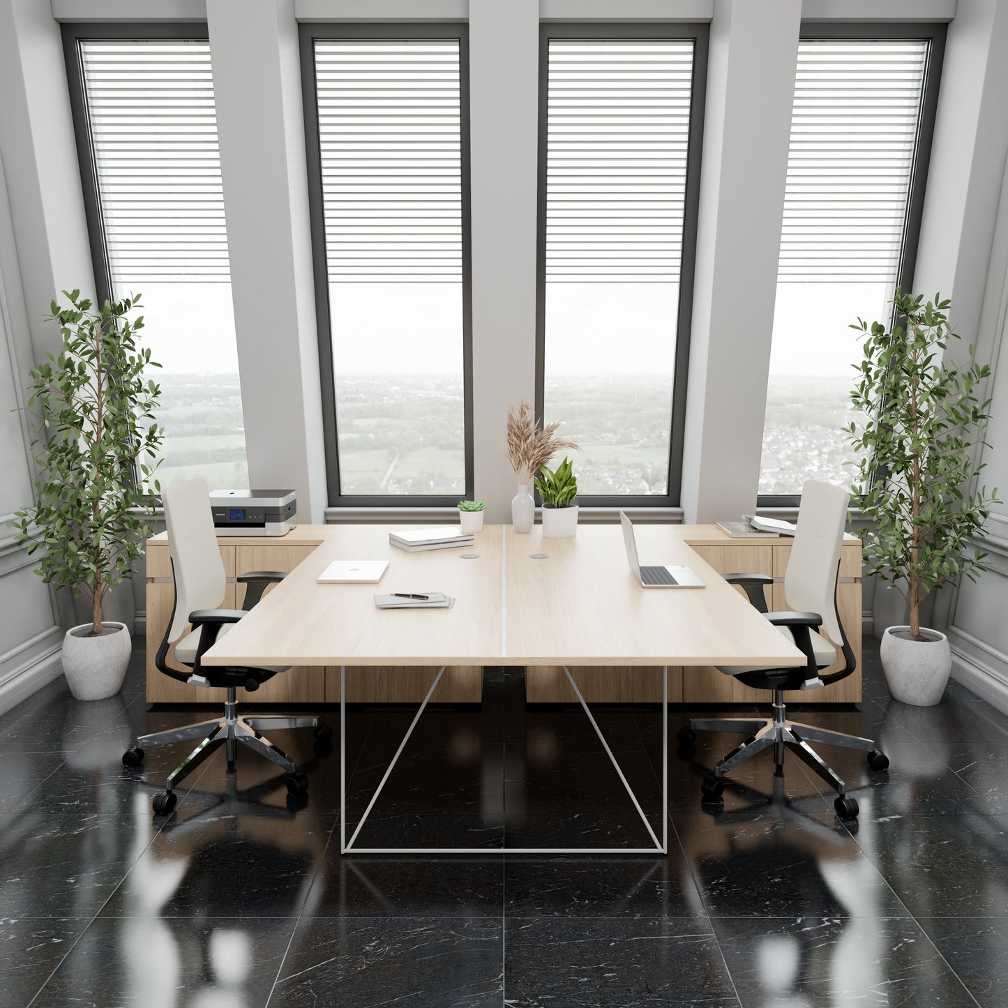 AIR DUO Desk del team con sideboard | 1600 - 2000 x 3200 mm, quercia elettrificata, ambra