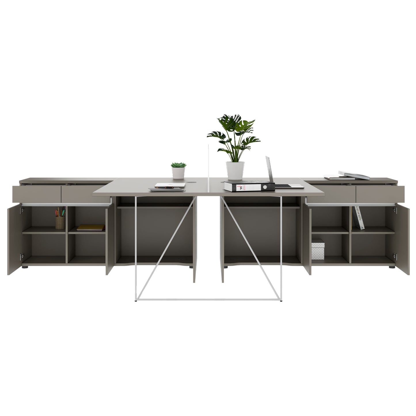 AIR DUO Desk del team con sideboard | 1600 - 2000 x 3200 mm, grigio elettrificato, cubanite
