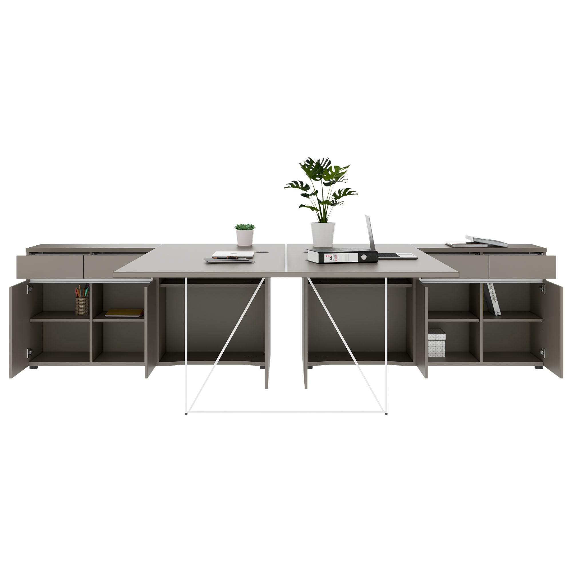 AIR DUO Desk del team con sideboard | 1600 - 2000 x 3200 mm, grigio elettrificato, cubanite