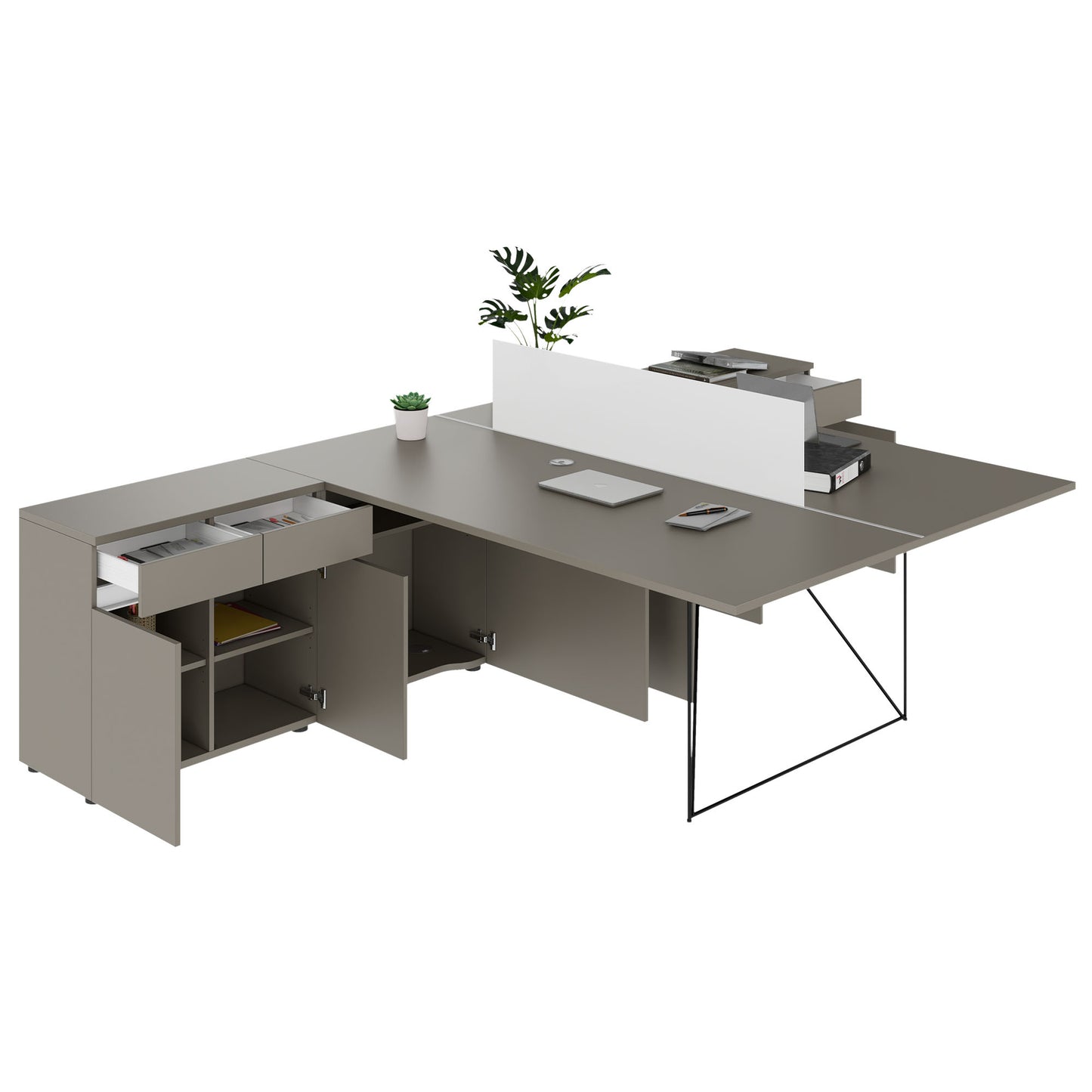 AIR DUO Desk del team con sideboard | 1600 - 2000 x 3200 mm, grigio elettrificato, cubanite