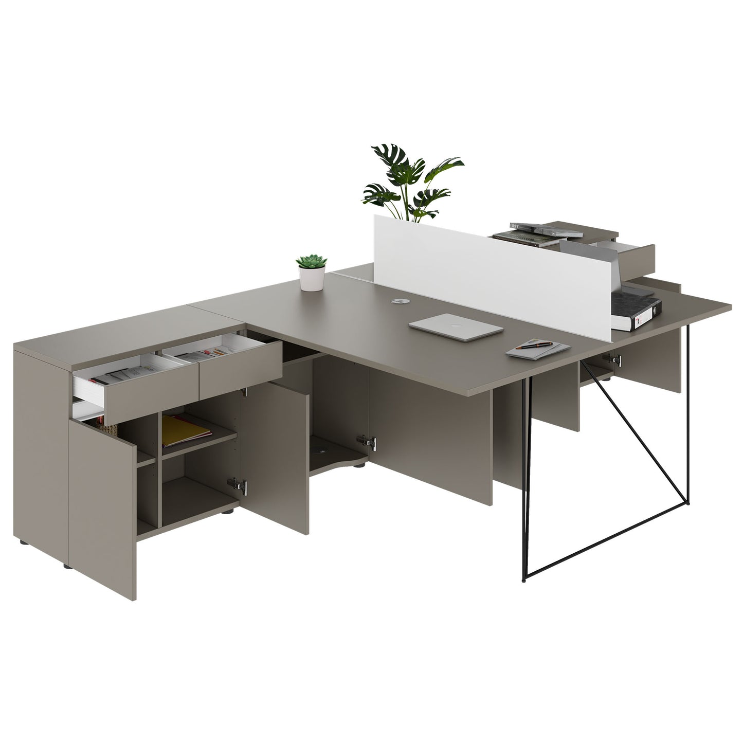 Bureau d'équipe AIR DUO avec buffets | 1600 - 2000 x 3200 mm, électrifié, gris Cubanite