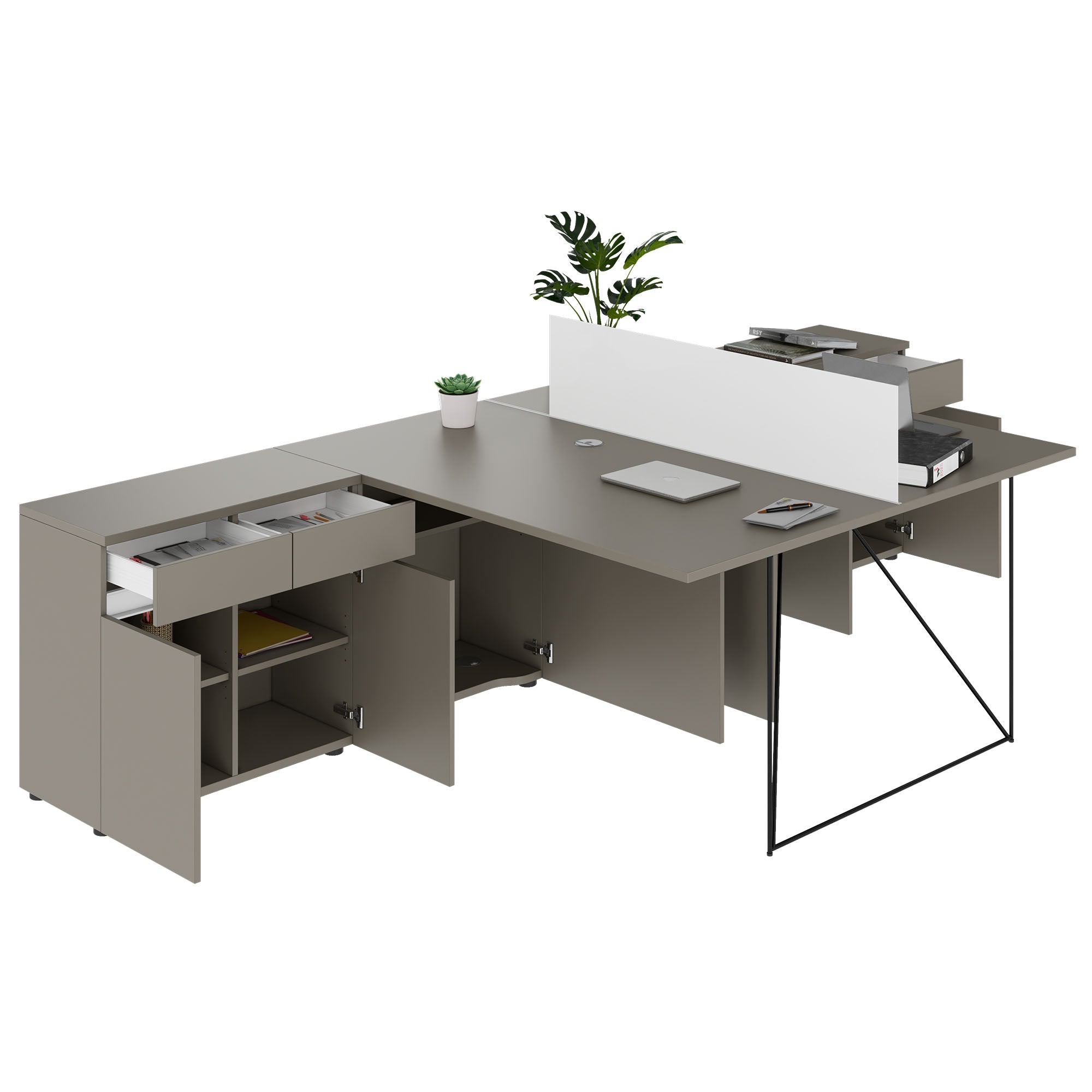 AIR DUO Desk del team con sideboard | 1600 - 2000 x 3200 mm, grigio elettrificato, cubanite