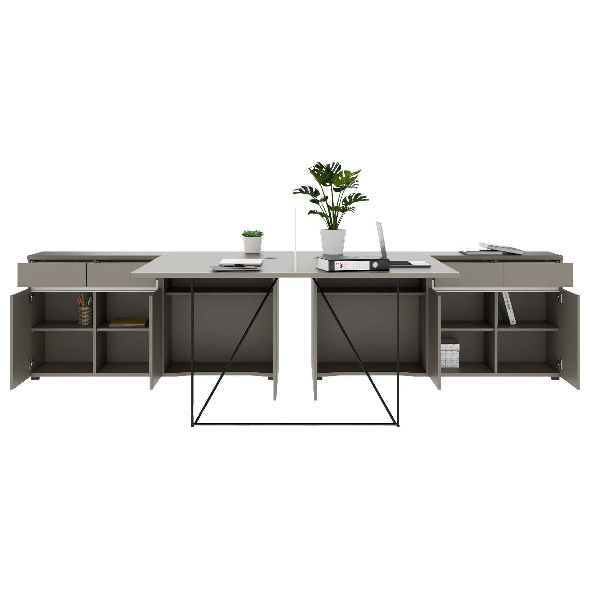 AIR DUO Desk del team con sideboard | 1600 - 2000 x 3200 mm, grigio elettrificato, cubanite