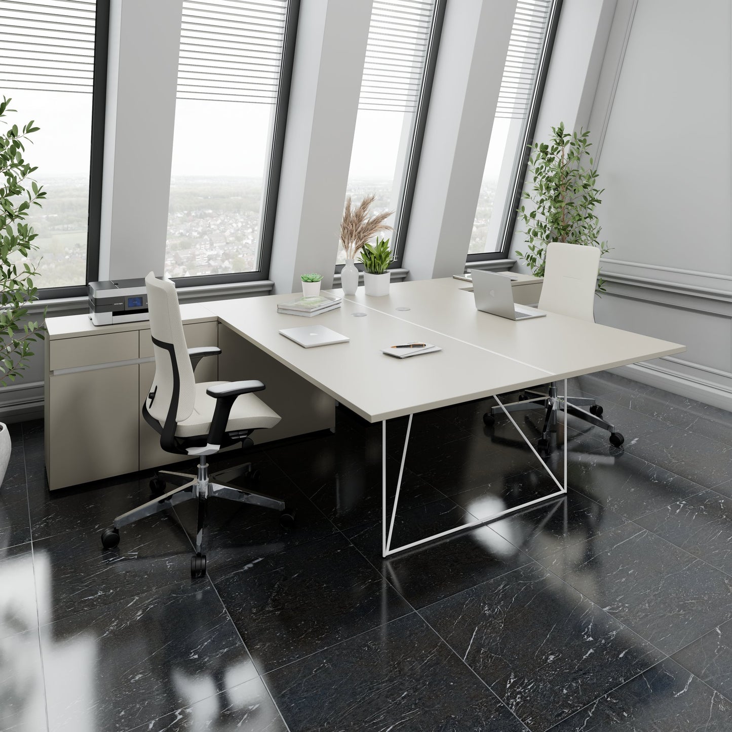 AIR DUO Desk del team con sideboard | 1600 - 2000 x 3200 mm, grigio elettrificato, cubanite