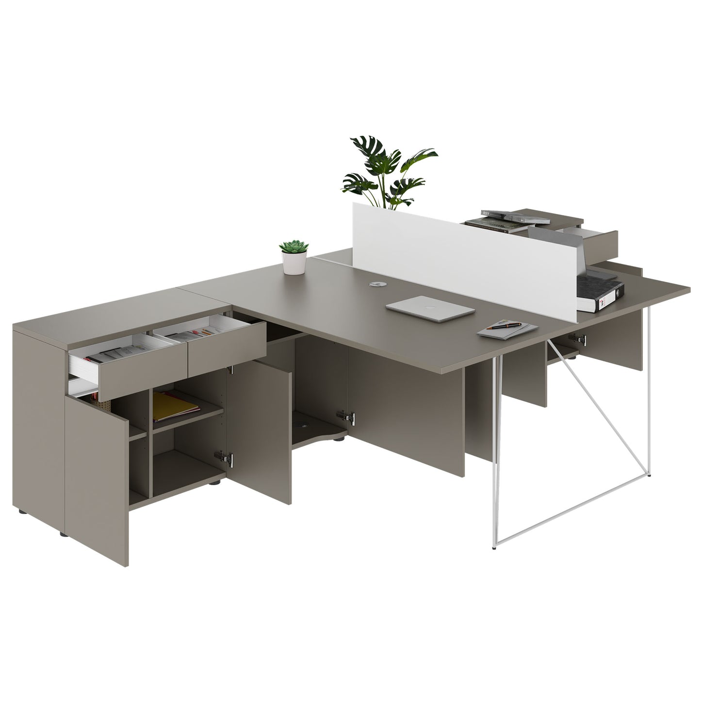 AIR DUO Desk del team con sideboard | 1600 - 2000 x 3200 mm, grigio elettrificato, cubanite