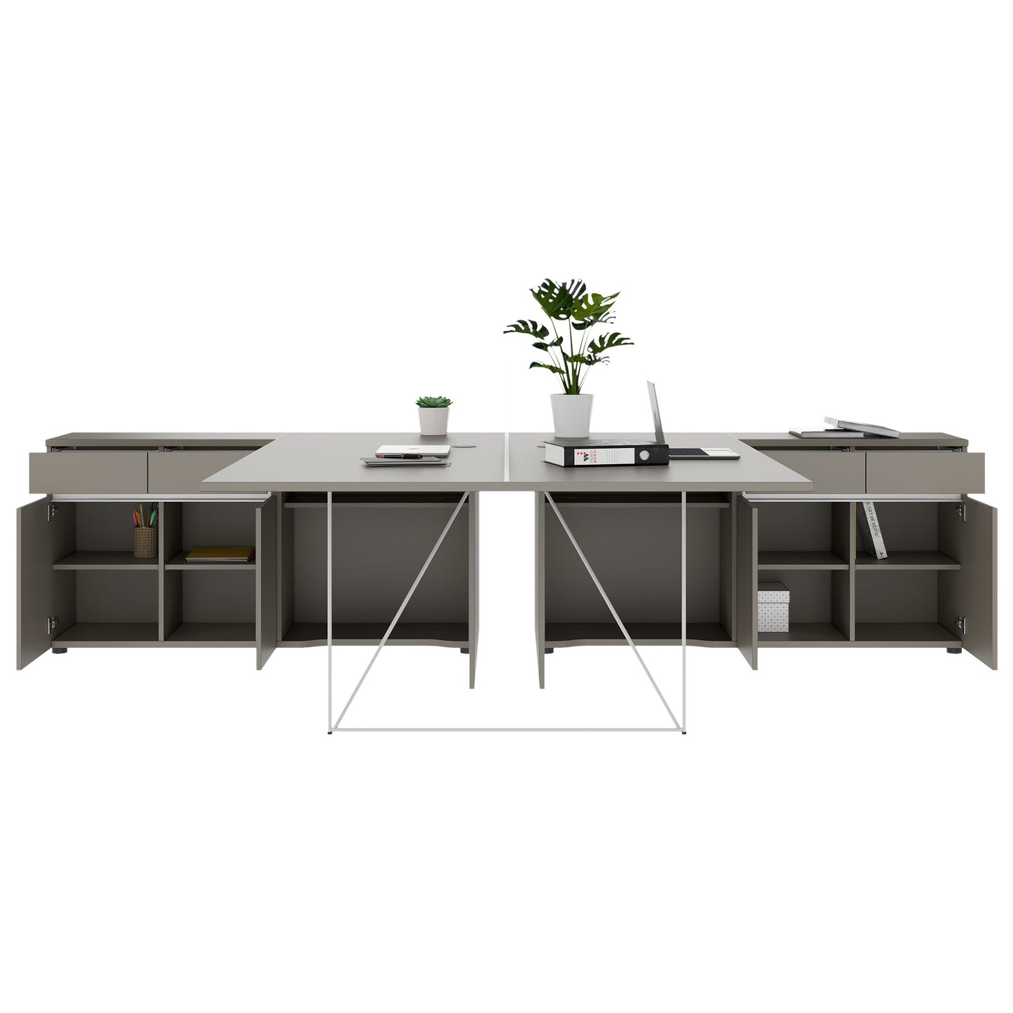 AIR DUO Desk del team con sideboard | 1600 - 2000 x 3200 mm, grigio elettrificato, cubanite