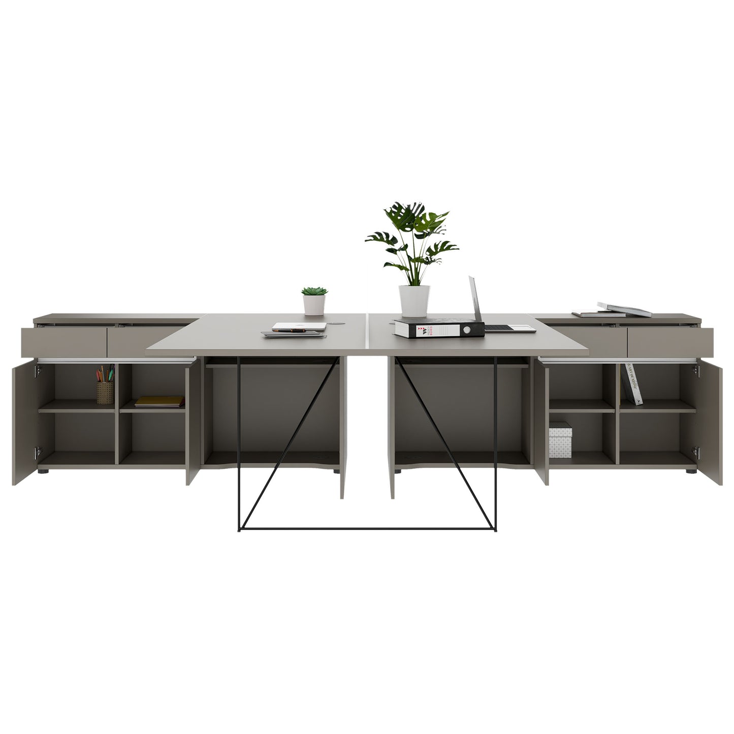 AIR DUO Desk del team con sideboard | 1600 - 2000 x 3200 mm, grigio elettrificato, cubanite