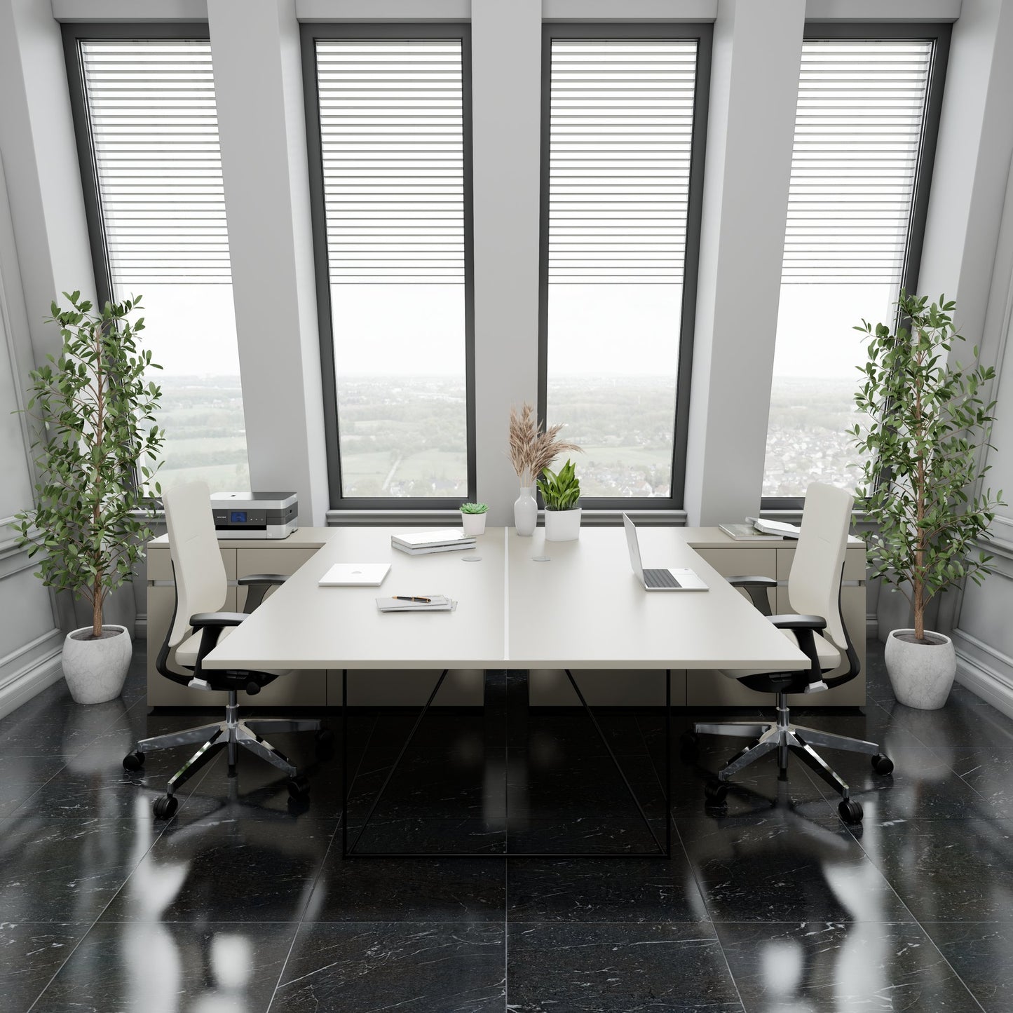 AIR DUO Desk del team con sideboard | 1600 - 2000 x 3200 mm, grigio elettrificato, cubanite