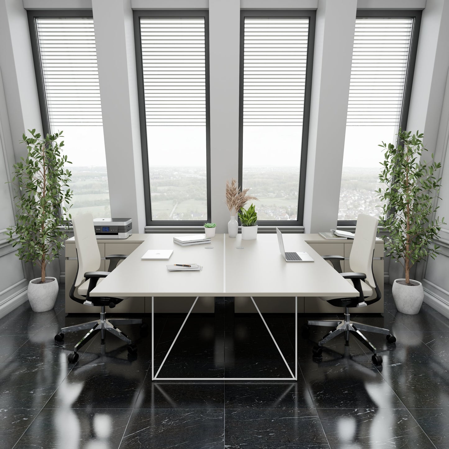 AIR DUO Desk del team con sideboard | 1600 - 2000 x 3200 mm, grigio elettrificato, cubanite