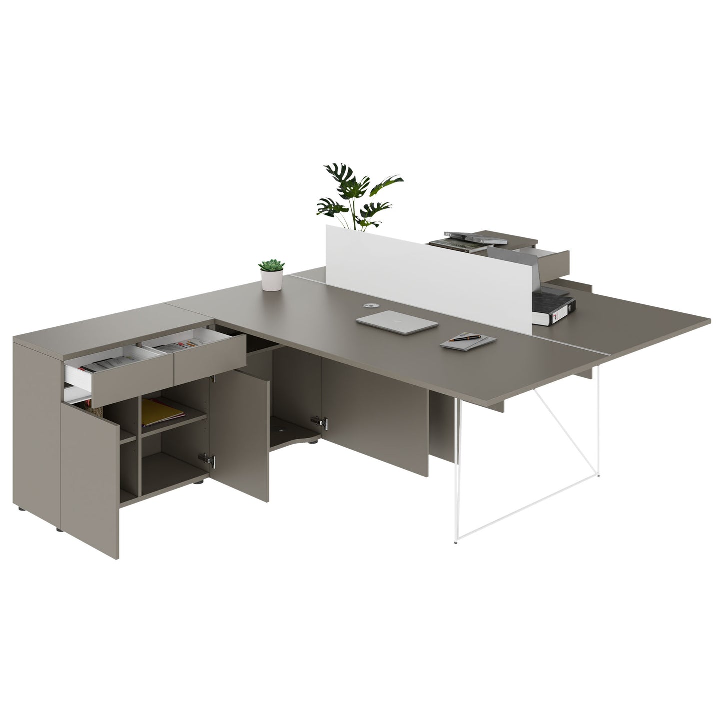 AIR DUO Desk del team con sideboard | 1600 - 2000 x 3200 mm, grigio elettrificato, cubanite