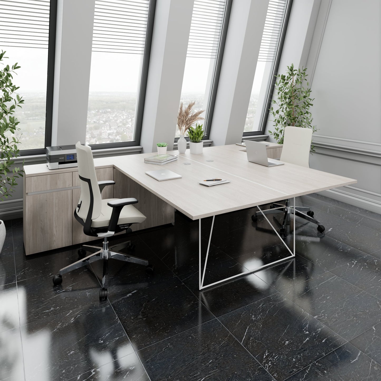 AIR DUO Desk del team con sideboard | 1600 - 2000 x 3200 mm, elettrificato, grigio di quercia nordica