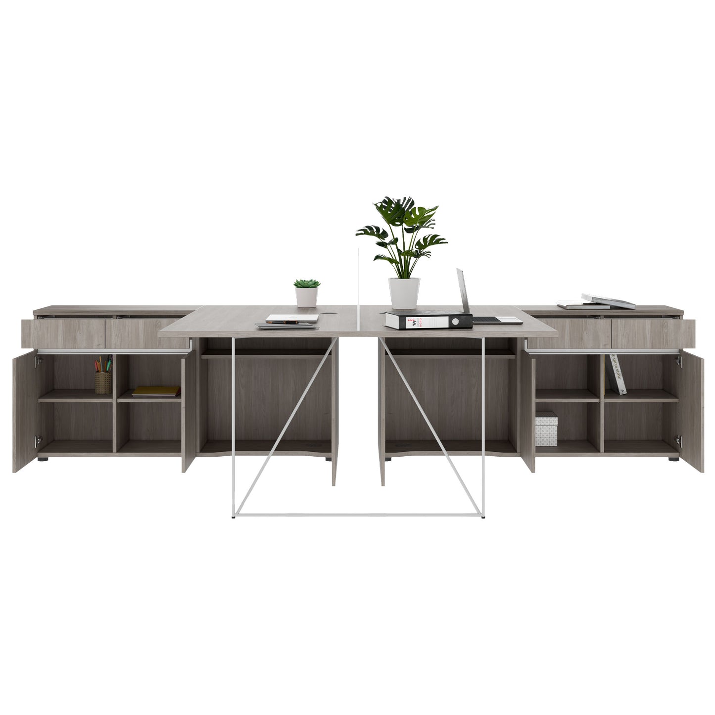 AIR DUO team desk with sideboards | 1600 - 2000 x 3200 mm, electrified, gray northern oak