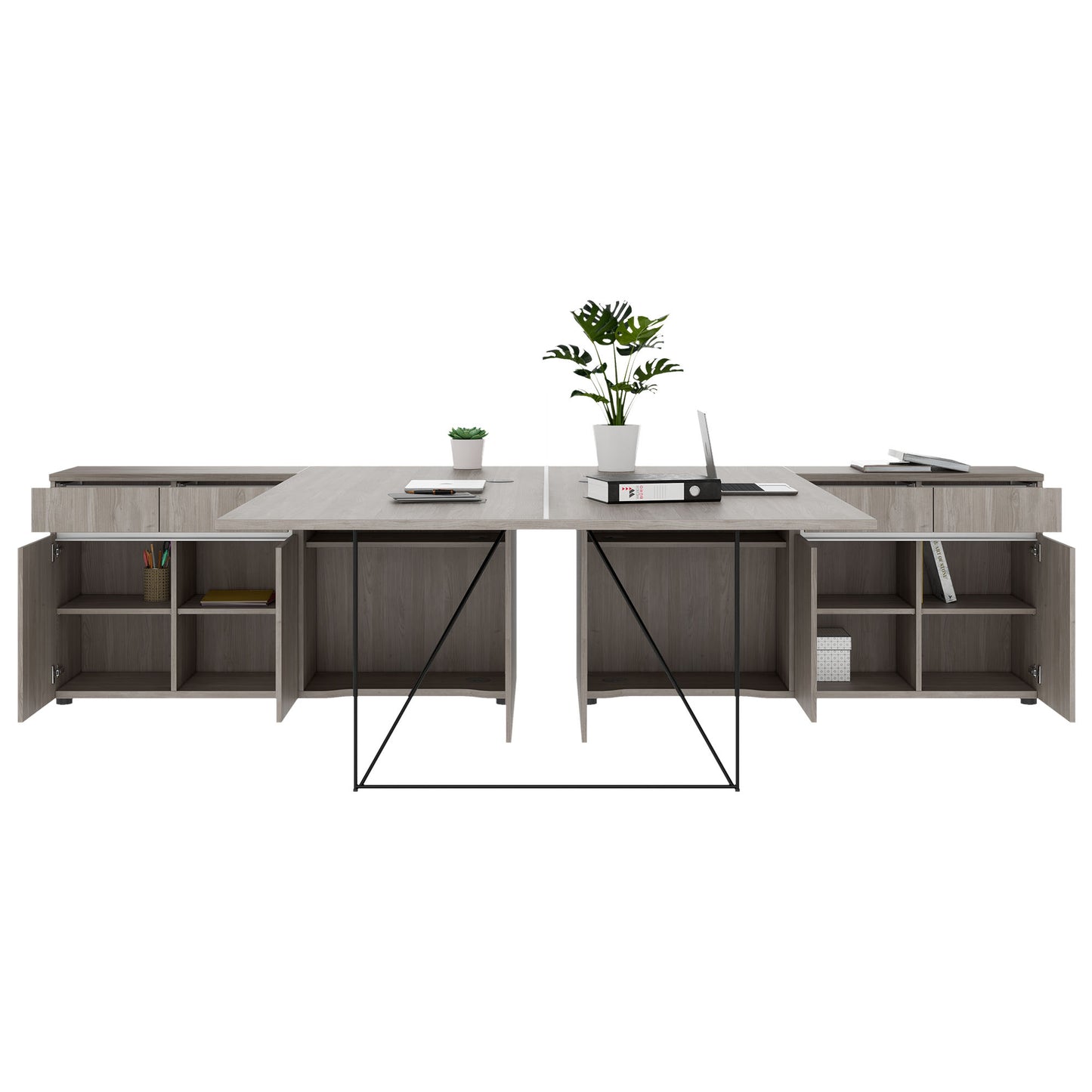 AIR DUO team desk with sideboards | 1600 - 2000 x 3200 mm, electrified, gray northern oak