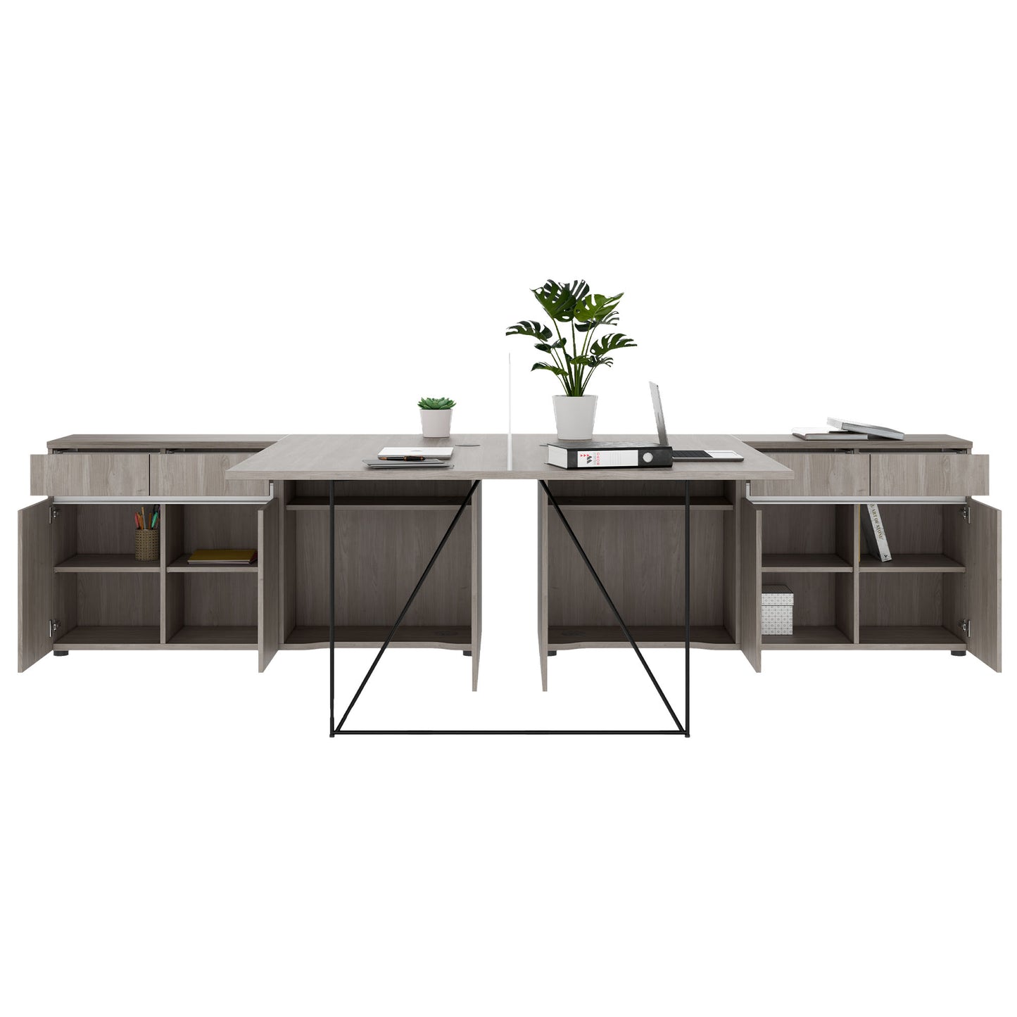 AIR DUO team desk with sideboards | 1600 - 2000 x 3200 mm, electrified, gray northern oak