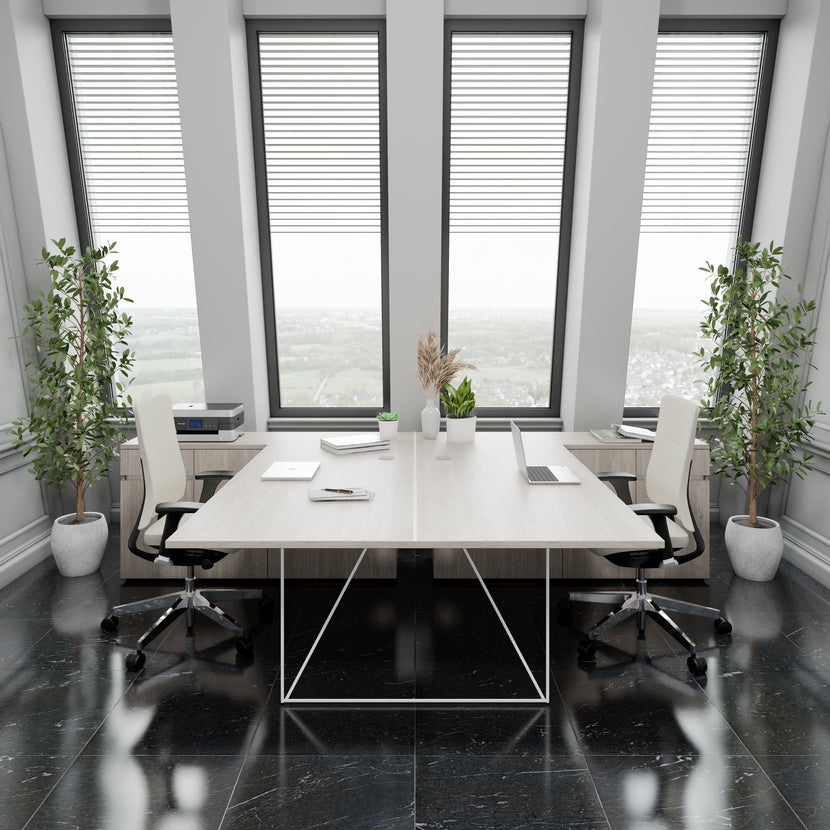 AIR DUO Desk del team con sideboard | 1600 - 2000 x 3200 mm, elettrificato, grigio di quercia nordica