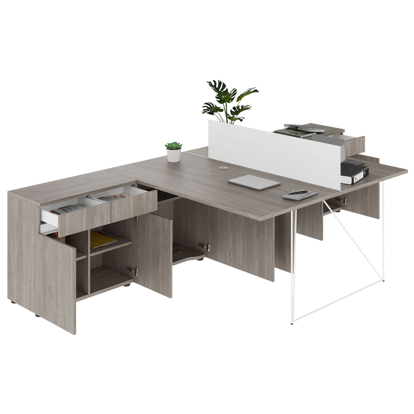 AIR DUO team desk with sideboards | 1600 - 2000 x 3200 mm, electrified, gray northern oak