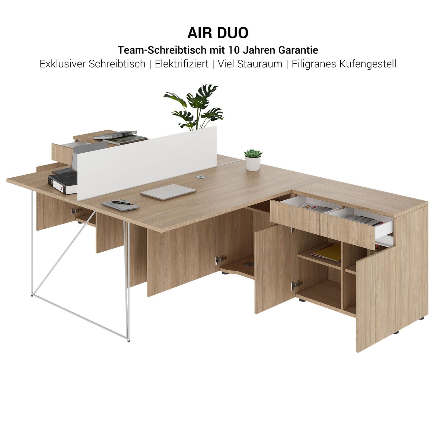 AIR DUO team desk with sideboards | 1600 - 2000 x 3200 mm, electrified, gray northern oak
