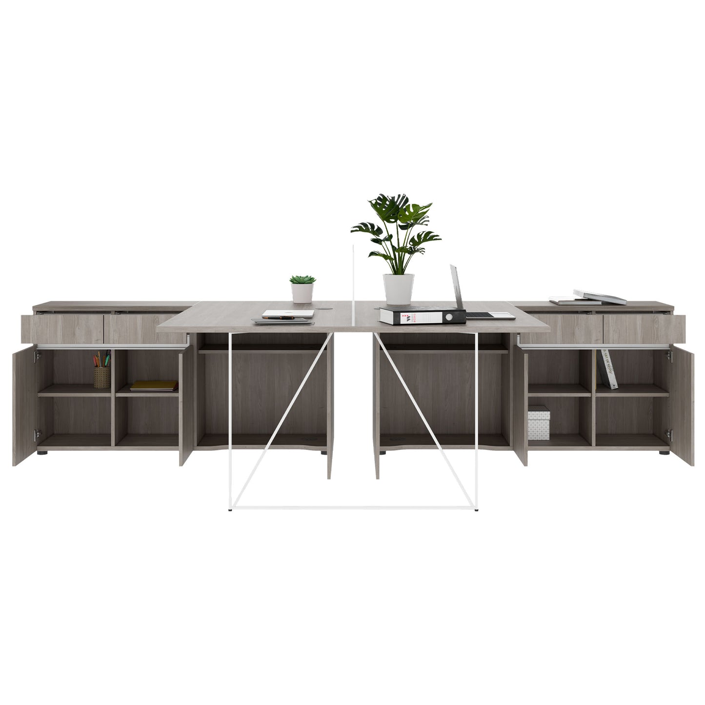 AIR DUO Desk del team con sideboard | 1600 - 2000 x 3200 mm, elettrificato, grigio di quercia nordica