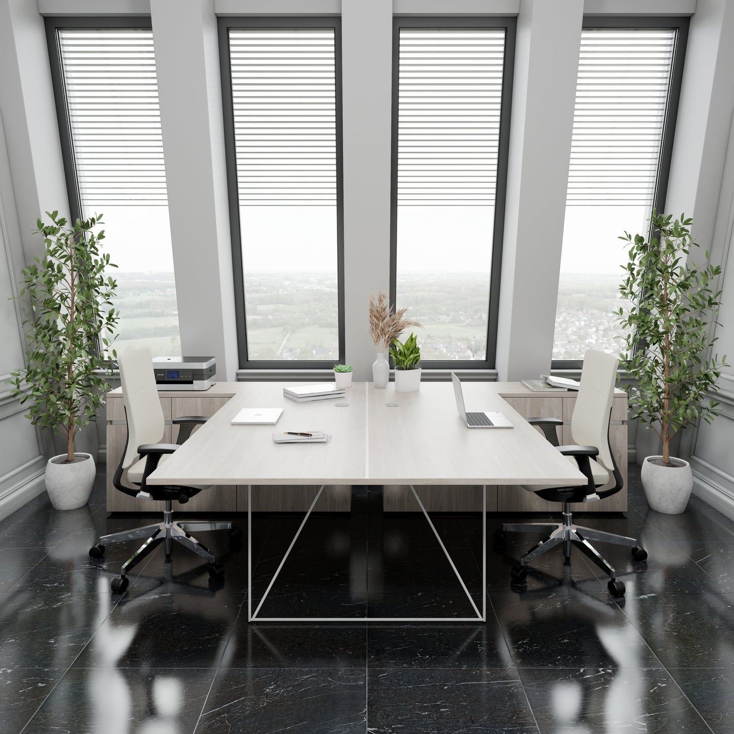 AIR DUO team desk with sideboards | 1600 - 2000 x 3200 mm, electrified, gray northern oak