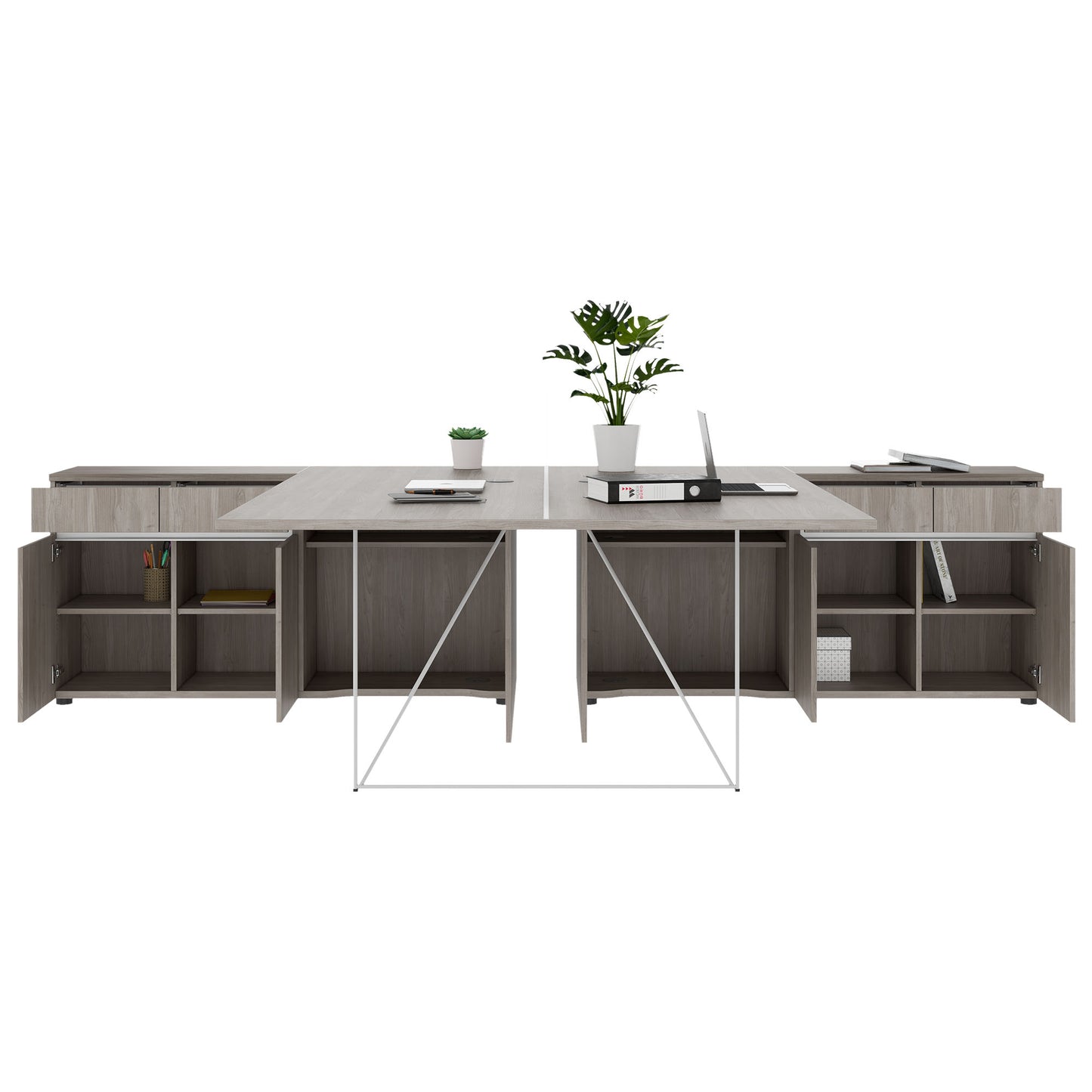 AIR DUO team desk with sideboards | 1600 - 2000 x 3200 mm, electrified, gray northern oak