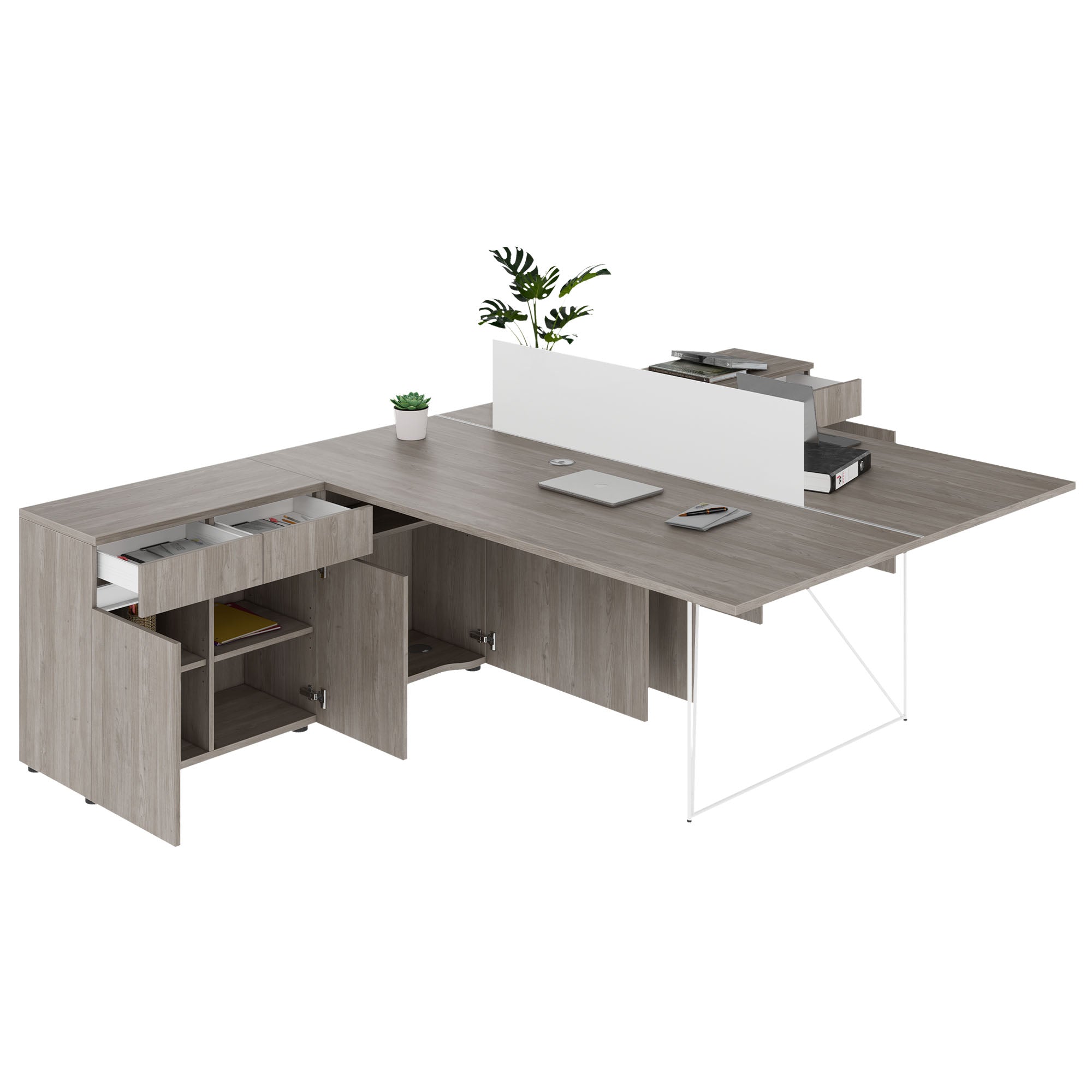 AIR DUO Desk del team con sideboard | 1600 - 2000 x 3200 mm, elettrificato, grigio di quercia nordica