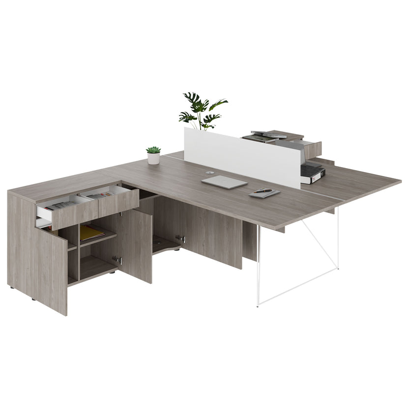 AIR DUO Desk del team con sideboard | 1600 - 2000 x 3200 mm, elettrificato, grigio di quercia nordica
