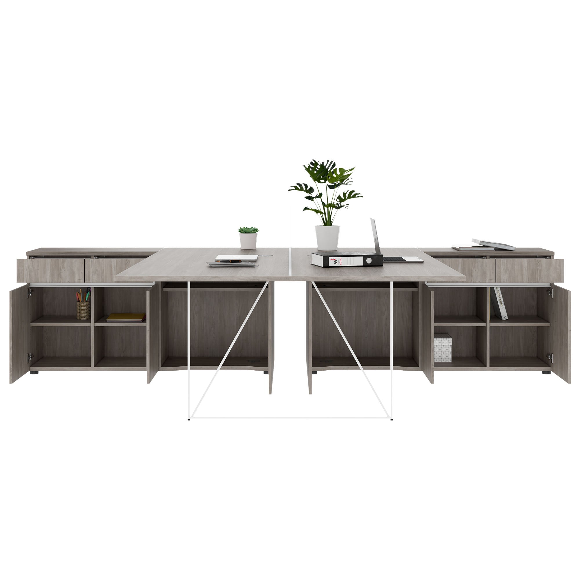AIR DUO Desk del team con sideboard | 1600 - 2000 x 3200 mm, elettrificato, grigio di quercia nordica