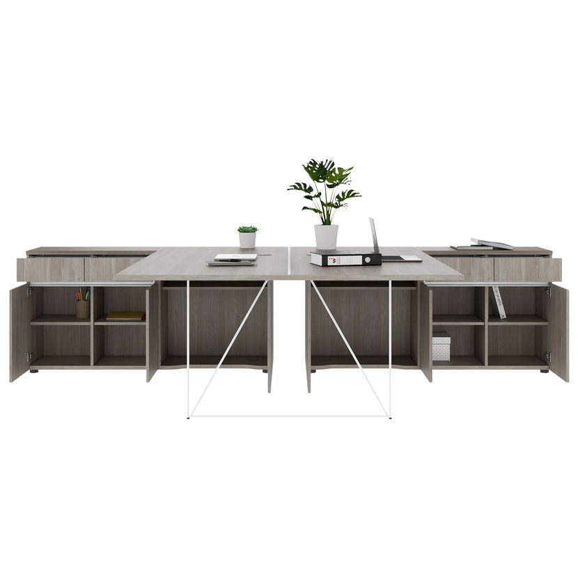 AIR DUO Desk del team con sideboard | 1600 - 2000 x 3200 mm, elettrificato, grigio di quercia nordica