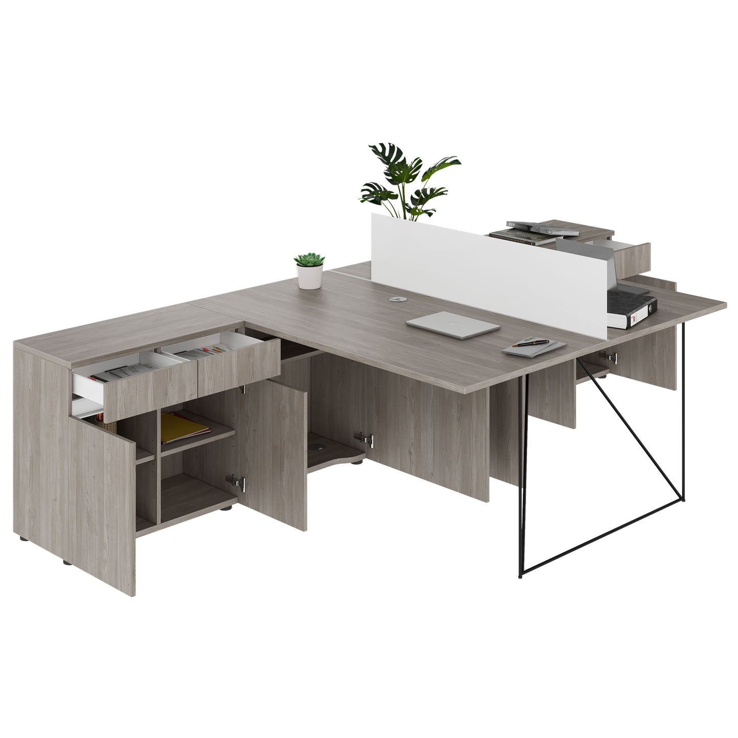 AIR DUO Desk del team con sideboard | 1600 - 2000 x 3200 mm, elettrificato, grigio di quercia nordica
