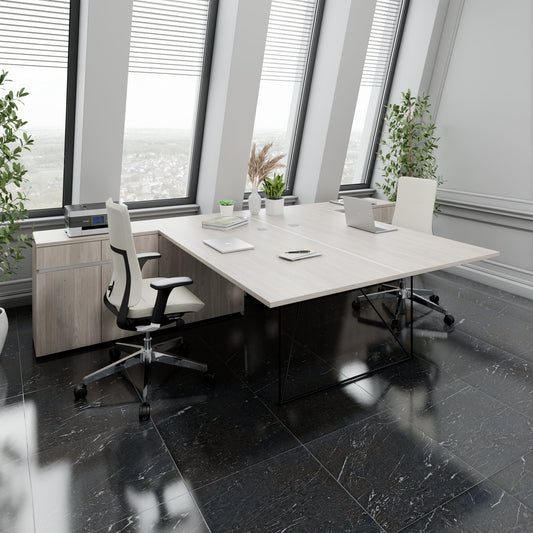 AIR DUO team desk with sideboards | 1600 - 2000 x 3200 mm, electrified, gray northern oak