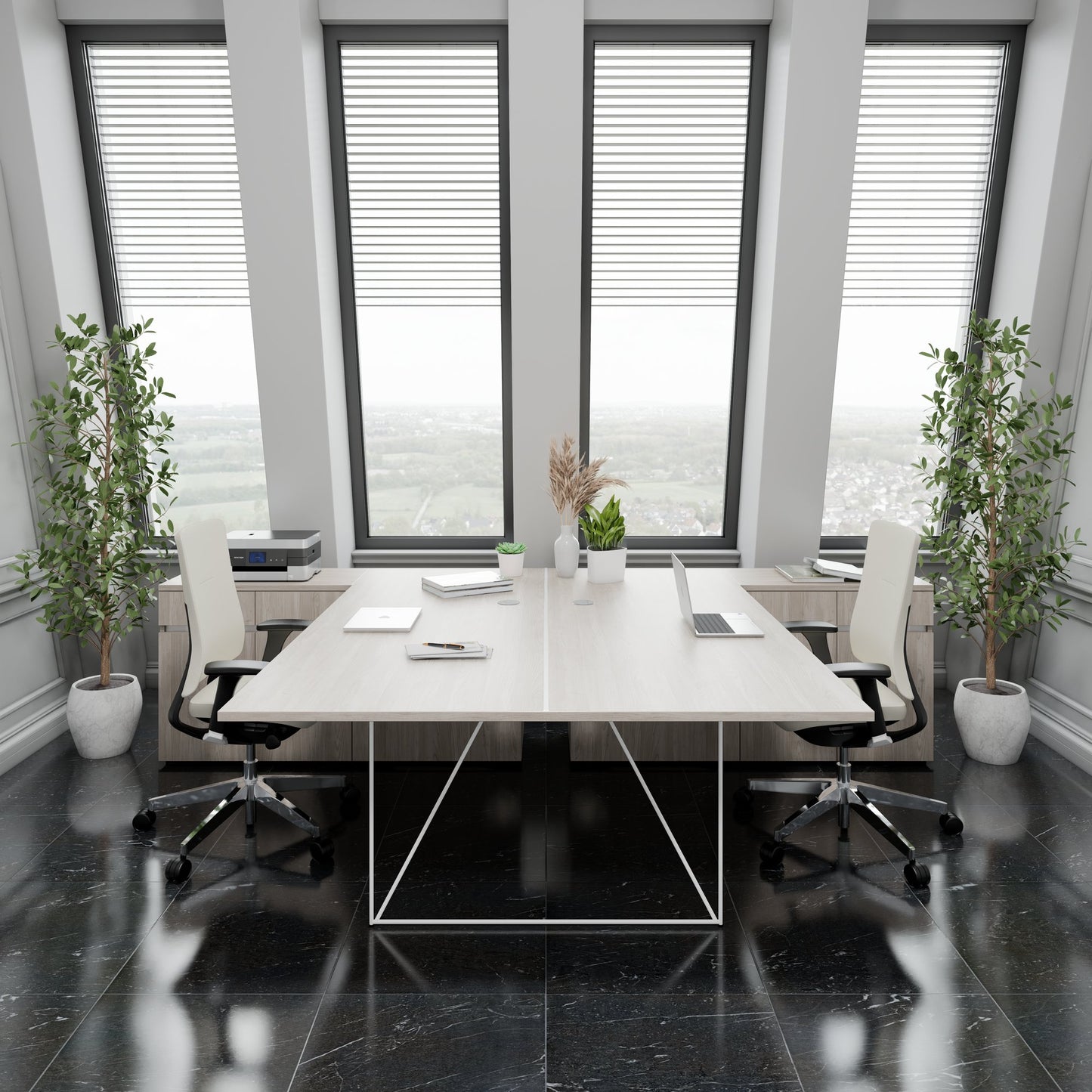 AIR DUO team desk with sideboards | 1600 - 2000 x 3200 mm, electrified, gray northern oak